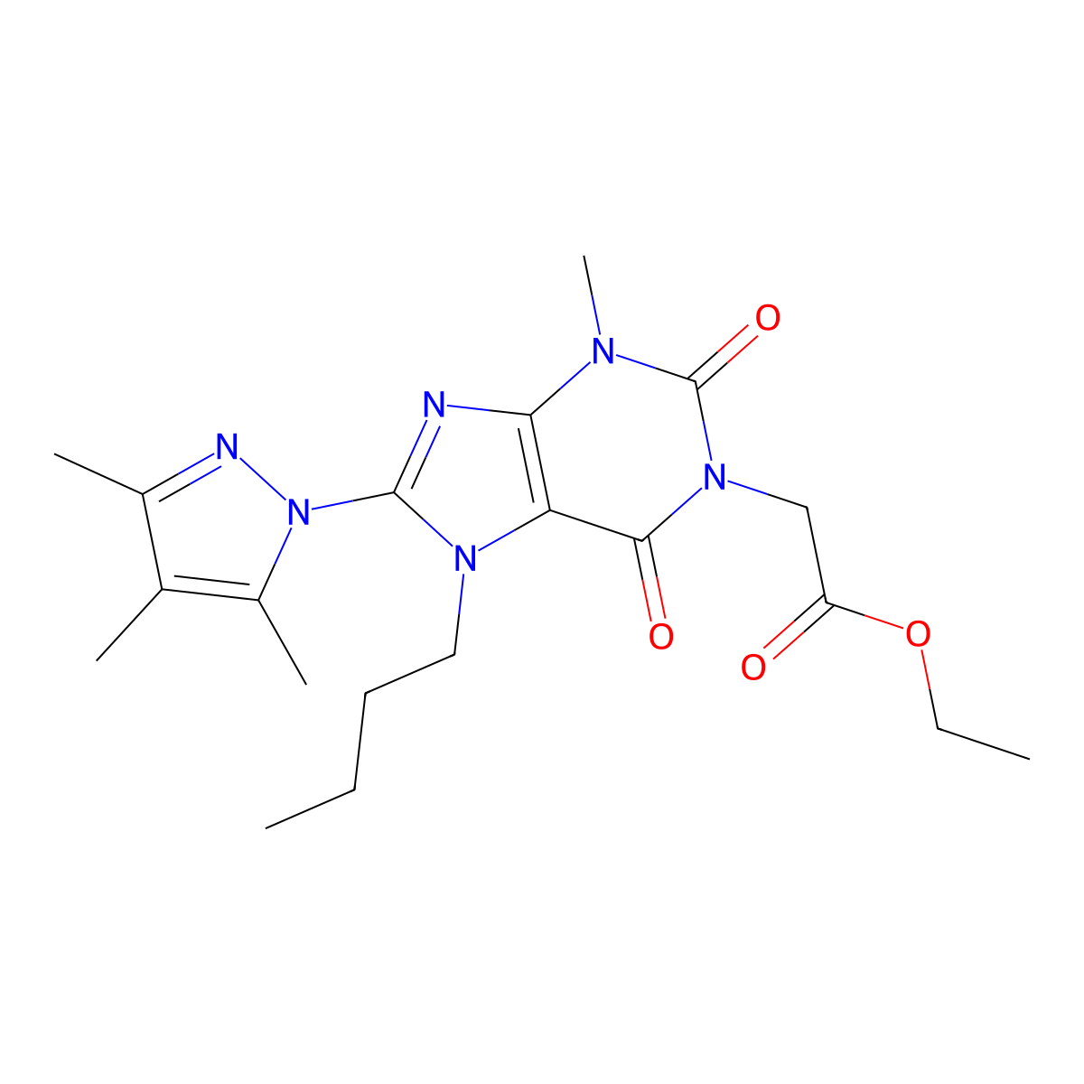 ethyl 2-(7-butyl-3-methyl-2,6-dioxo-8-(3,4,5-trimethyl-1H-pyrazol-1-yl)-2,3,6,7-tetrahydro-1H-purin-1-yl)acetate molecular structure, CAS 1013762-72-5