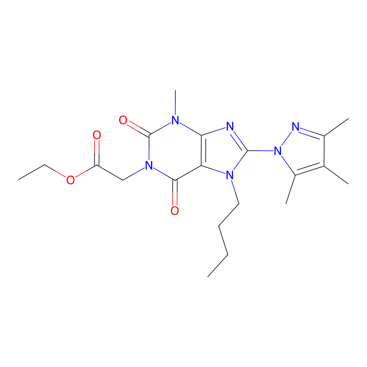 ethyl 2-(7-butyl-3-methyl-2,6-dioxo-8-(3,4,5-trimethyl-1H-pyrazol-1-yl)-2,3,6,7-tetrahydro-1H-purin-1-yl)acetate molecular structure, CAS 1013762-72-5