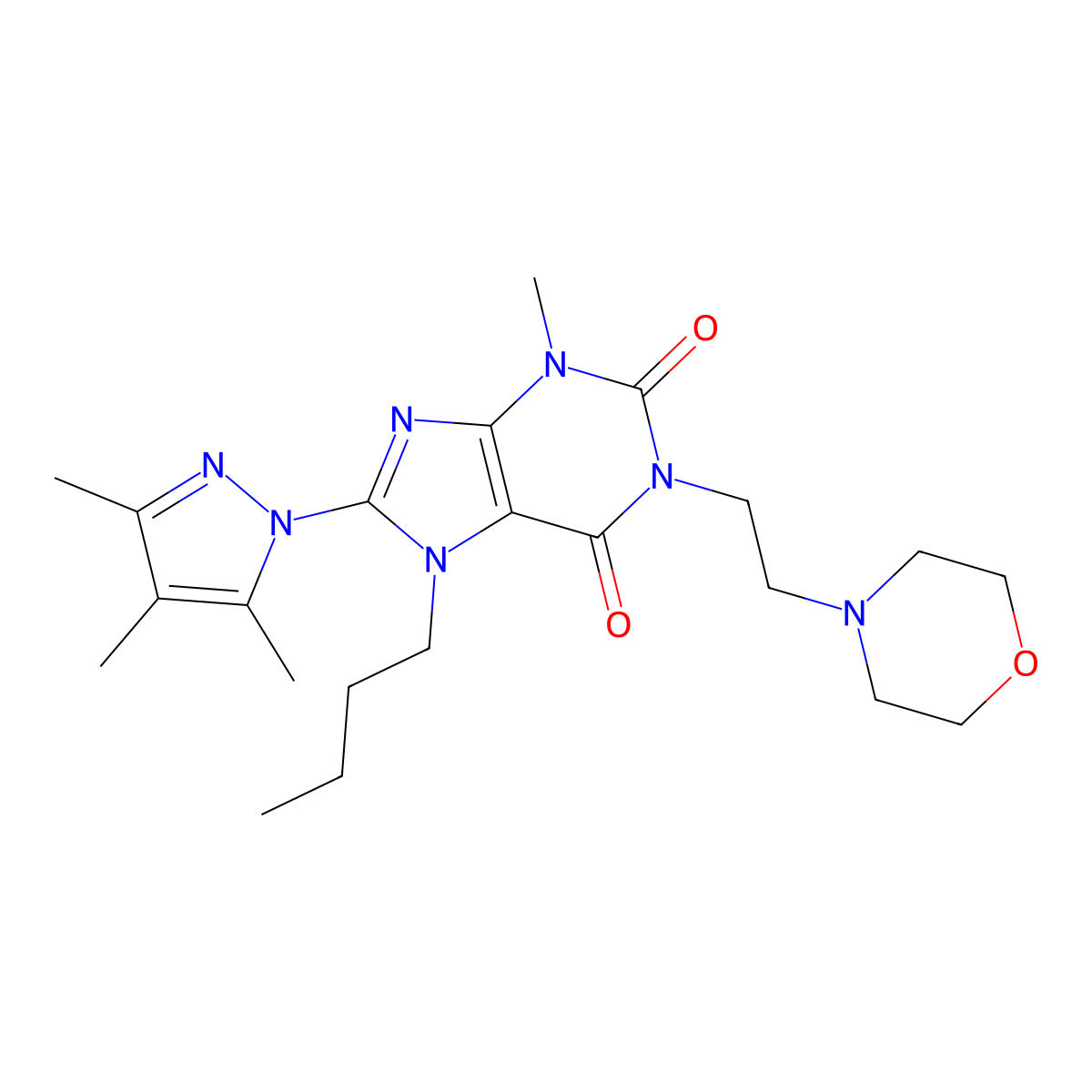 7-butyl-3-methyl-1-(2-morpholinoethyl)-8-(3,4,5-trimethyl-1H-pyrazol-1-yl)-1H-purine-2,6(3H,7H)-dione molecular structure, CAS 1013762-75-8