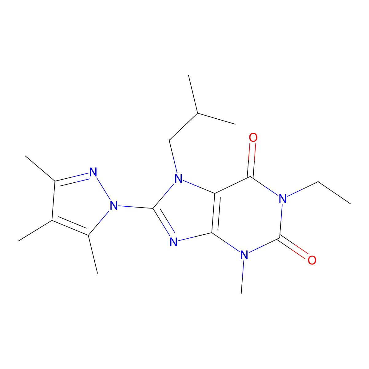 1-ethyl-3-methyl-7-(2-methylpropyl)-8-(3,4,5-trimethyl-1H-pyrazol-1-yl)-2,3,6,7-tetrahydro-1H-purine-2,6-dione molecular structure, CAS 1013762-76-9
