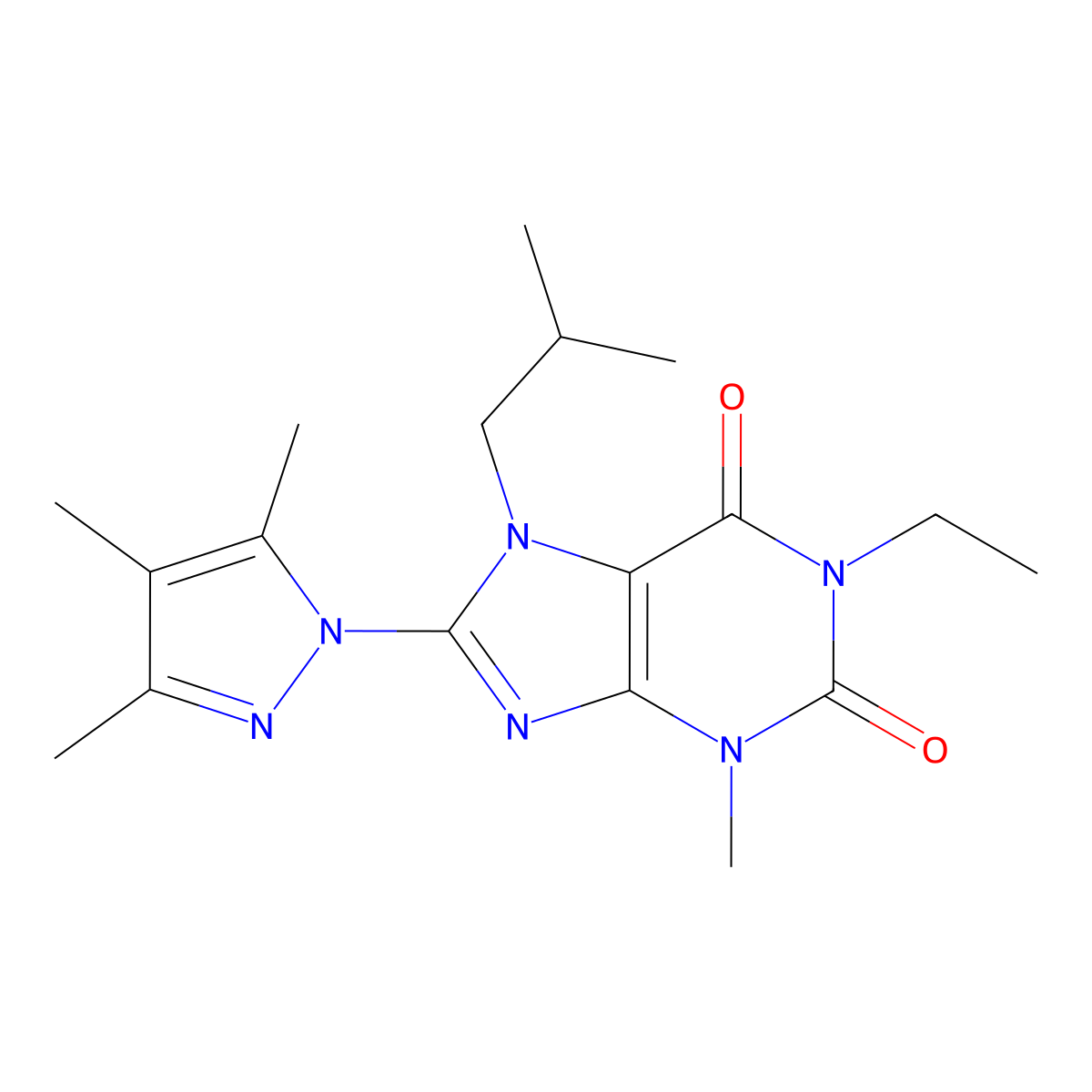 1-ethyl-3-methyl-7-(2-methylpropyl)-8-(3,4,5-trimethyl-1H-pyrazol-1-yl)-2,3,6,7-tetrahydro-1H-purine-2,6-dione molecular structure, CAS 1013762-76-9