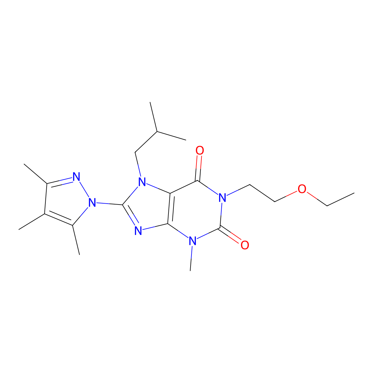 1-(2-Ethoxyethyl)-3-methyl-7-(2-methylpropyl)-8-(3,4,5-trimethylpyrazol-1-yl)purine-2,6-dione molecular structure, CAS 1013763-05-7