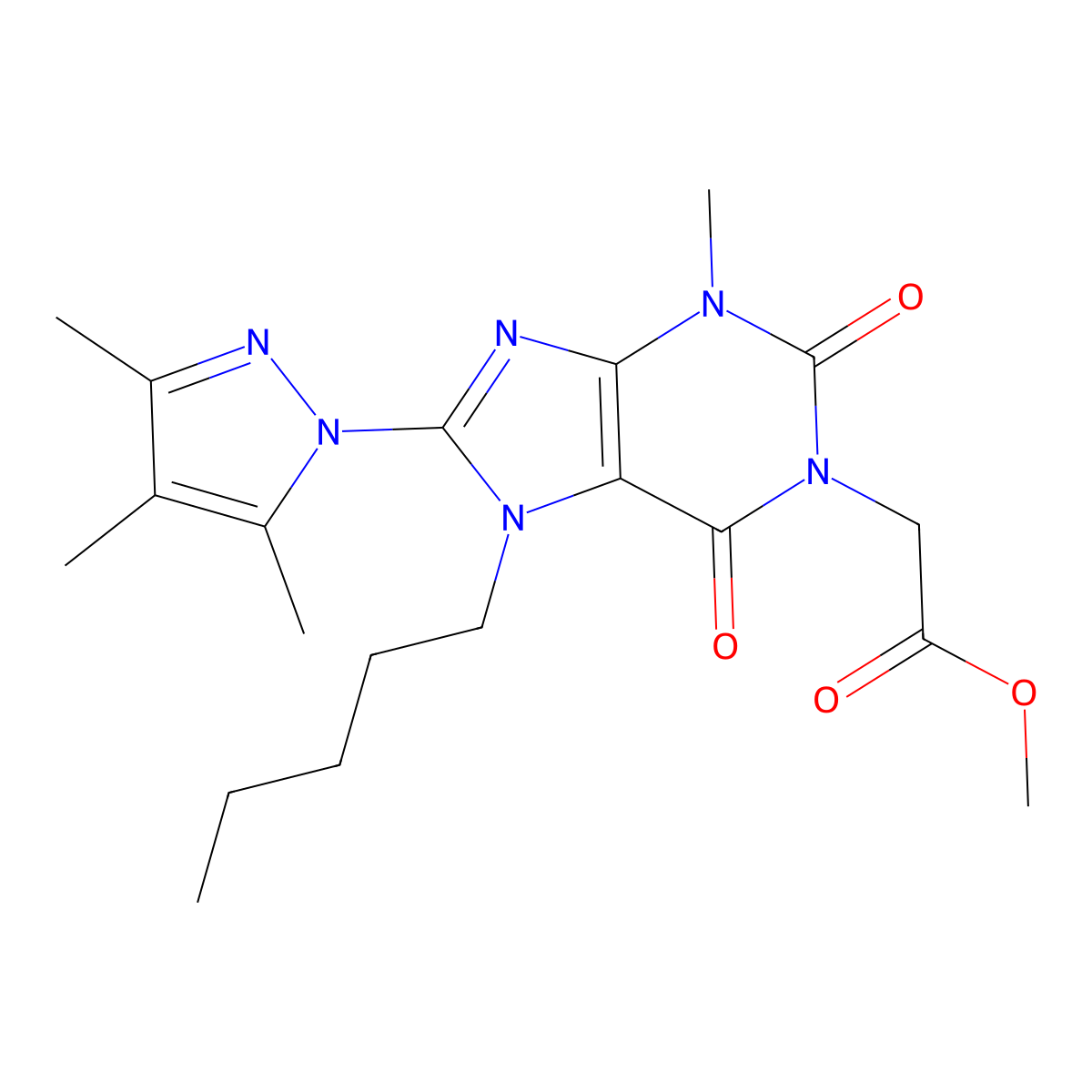 methyl 2-(3-methyl-2,6-dioxo-7-pentyl-8-(3,4,5-trimethyl-1H-pyrazol-1-yl)-2,3,6,7-tetrahydro-1H-purin-1-yl)acetate molecular structure, CAS 1013763-41-1
