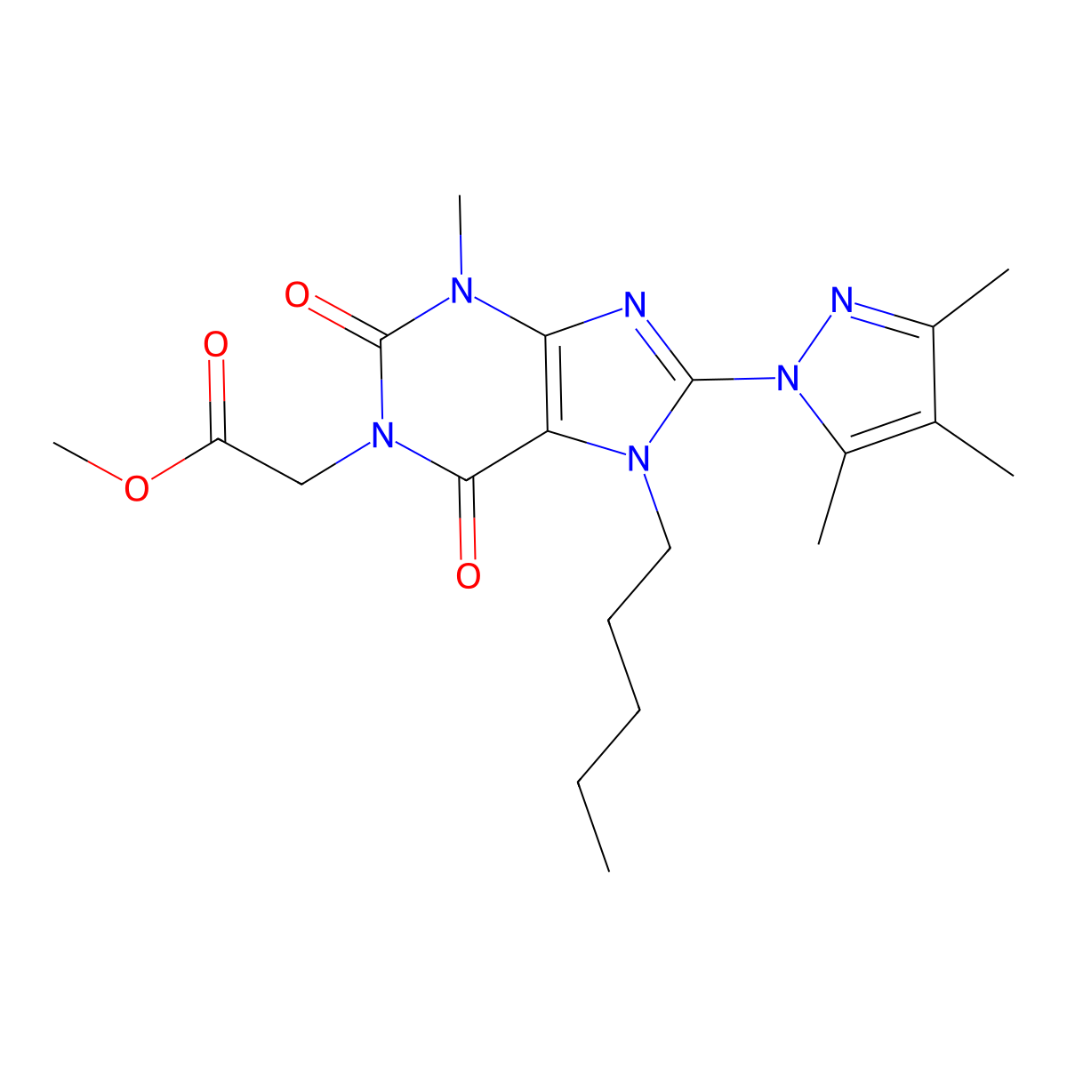 methyl 2-(3-methyl-2,6-dioxo-7-pentyl-8-(3,4,5-trimethyl-1H-pyrazol-1-yl)-2,3,6,7-tetrahydro-1H-purin-1-yl)acetate molecular structure, CAS 1013763-41-1