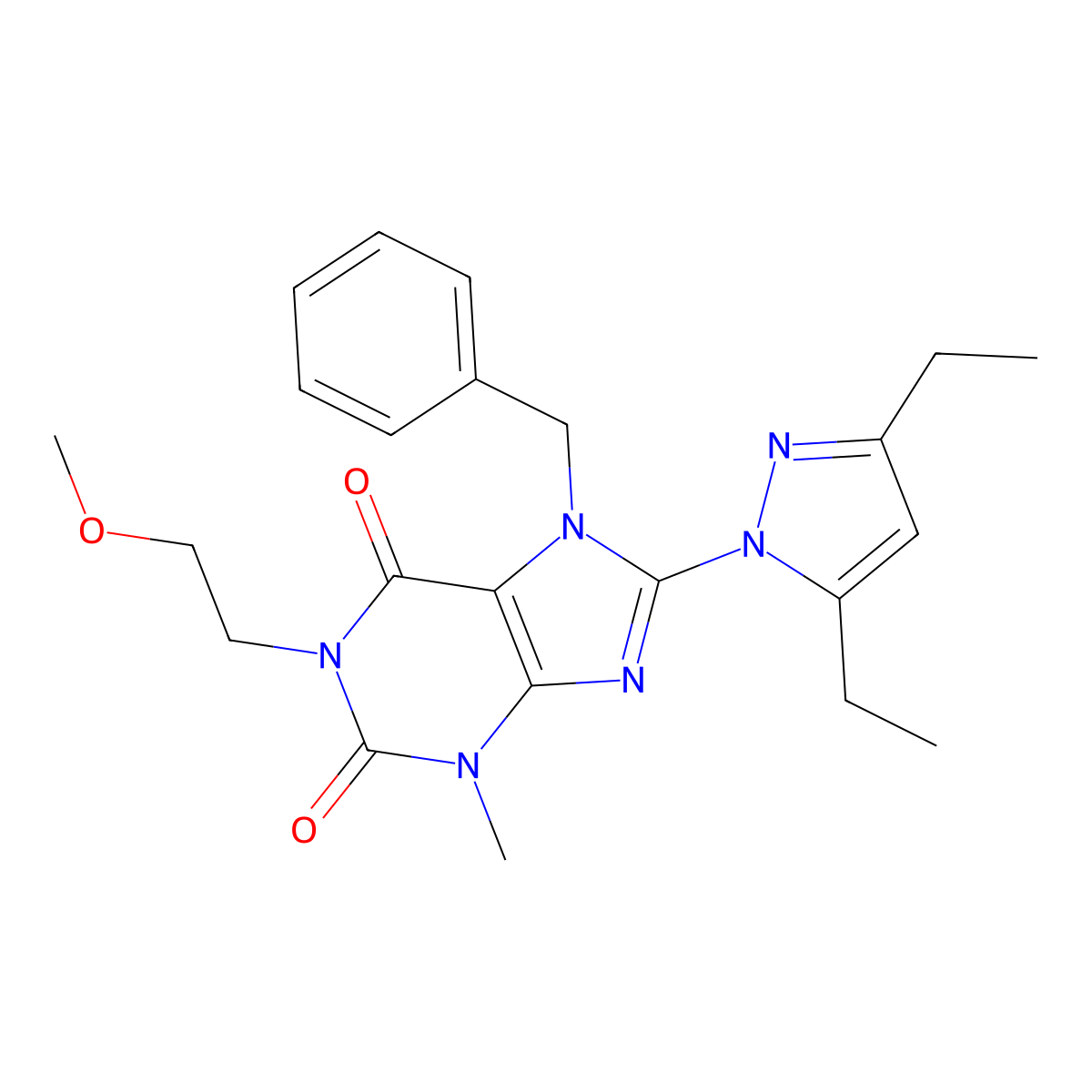 7-benzyl-8-(3,5-diethyl-1H-pyrazol-1-yl)-1-(2-methoxyethyl)-3-methyl-2,3,6,7-tetrahydro-1H-purine-2,6-dione molecular structure, CAS 1013764-06-1