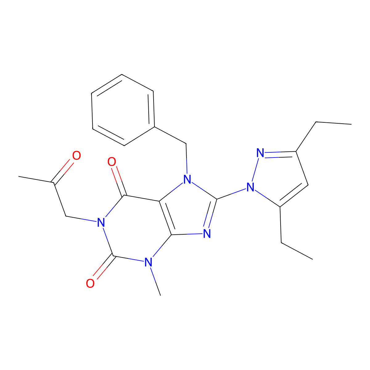 7-benzyl-8-(3,5-diethyl-1H-pyrazol-1-yl)-3-methyl-1-(2-oxopropyl)-2,3,6,7-tetrahydro-1H-purine-2,6-dione molecular structure, CAS 1013764-09-4
