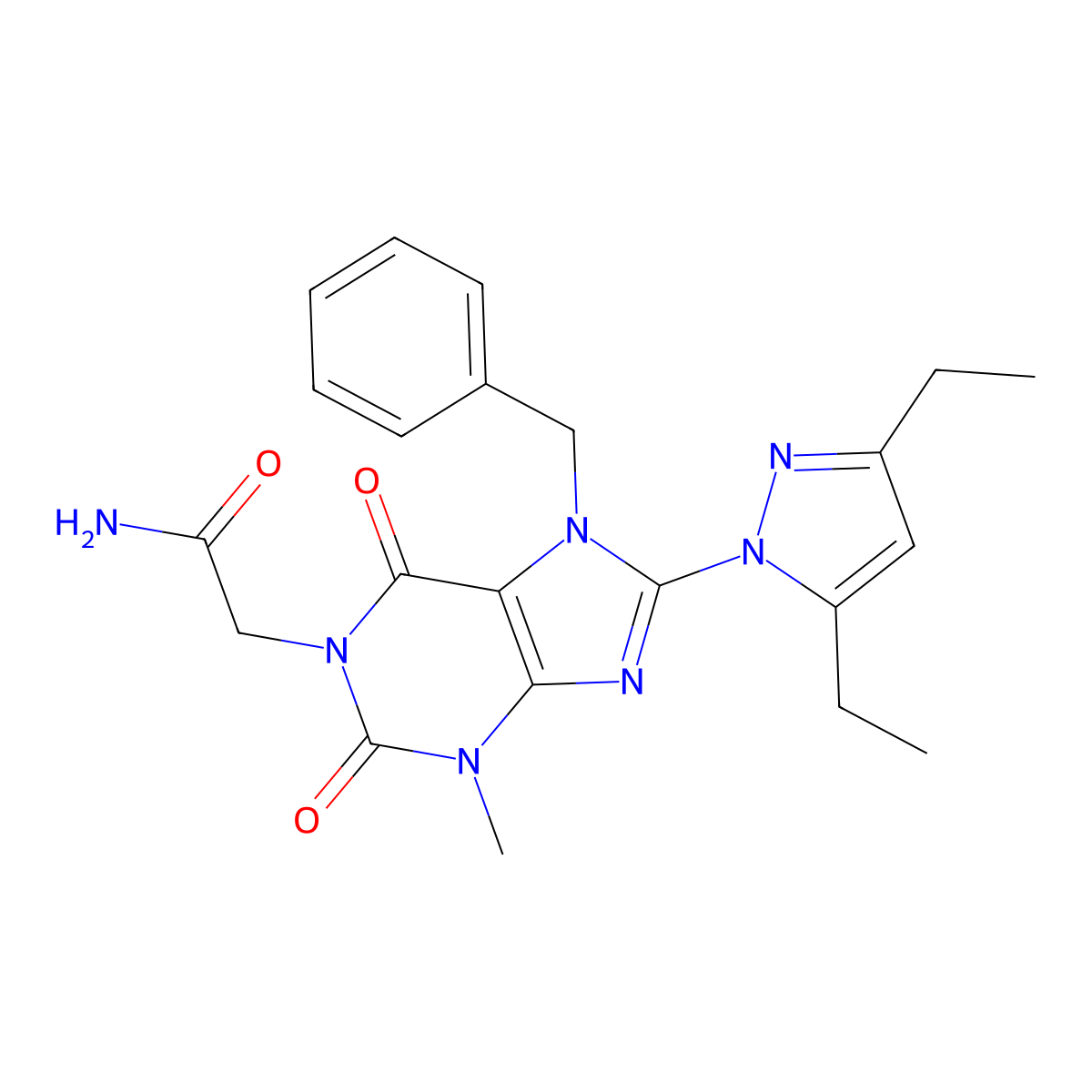 2-[7-benzyl-8-(3,5-diethyl-1H-pyrazol-1-yl)-3-methyl-2,6-dioxo-2,3,6,7-tetrahydro-1H-purin-1-yl]acetamide molecular structure, CAS 1013764-12-9