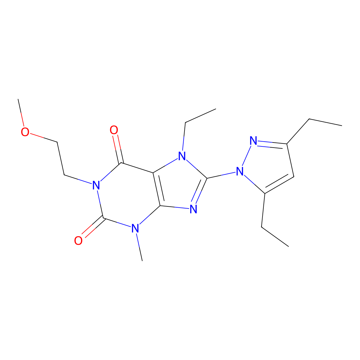 8-(3,5-diethyl-1H-pyrazol-1-yl)-7-ethyl-1-(2-methoxyethyl)-3-methyl-2,3,6,7-tetrahydro-1H-purine-2,6-dione molecular structure, CAS 1013768-22-3