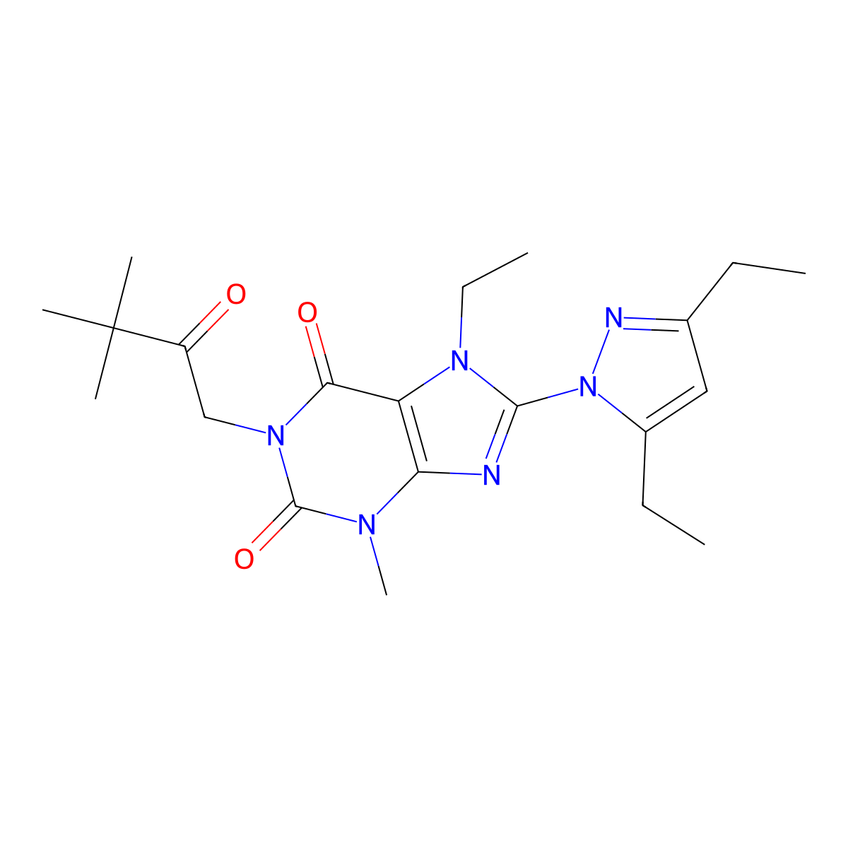 8-(3,5-diethyl-1H-pyrazol-1-yl)-1-(3,3-dimethyl-2-oxobutyl)-7-ethyl-3-methyl-1H-purine-2,6(3H,7H)-dione molecular structure, CAS 1013768-25-6