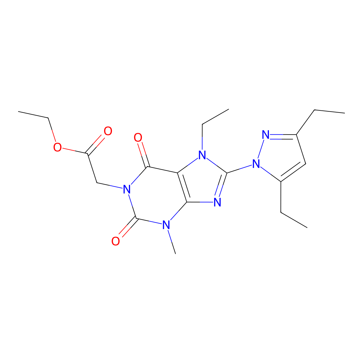 ethyl 2-(8-(3,5-diethyl-1H-pyrazol-1-yl)-7-ethyl-3-methyl-2,6-dioxo-2,3,6,7-tetrahydro-1H-purin-1-yl)acetate molecular structure, CAS 1013768-27-8