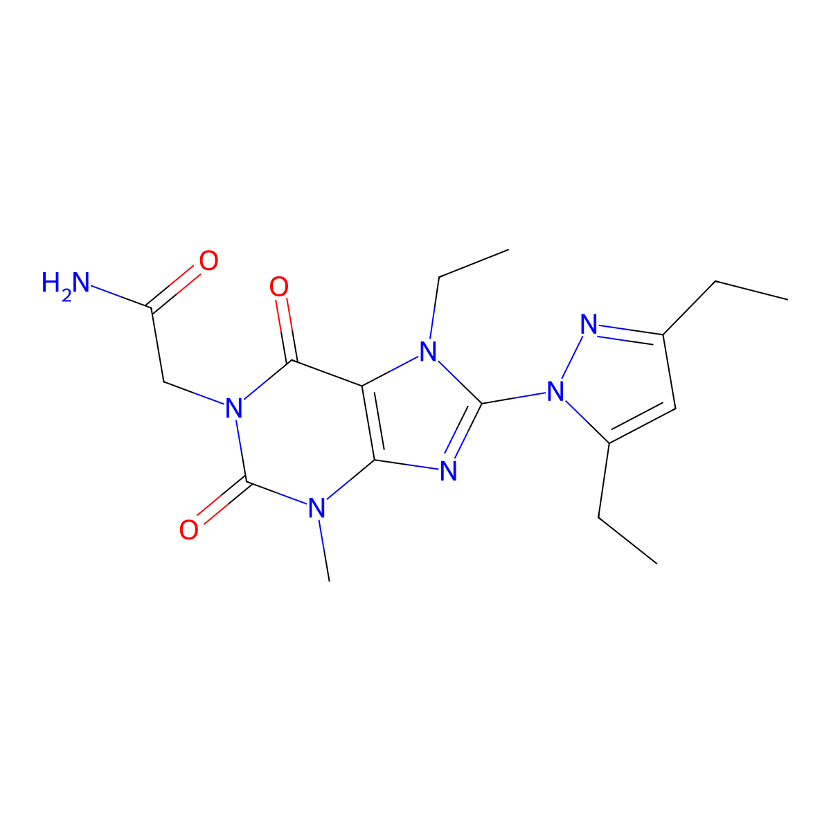 2-[8-(3,5-diethyl-1H-pyrazol-1-yl)-7-ethyl-3-methyl-2,6-dioxo-2,3,6,7-tetrahydro-1H-purin-1-yl]acetamide molecular structure, CAS 1013768-28-9