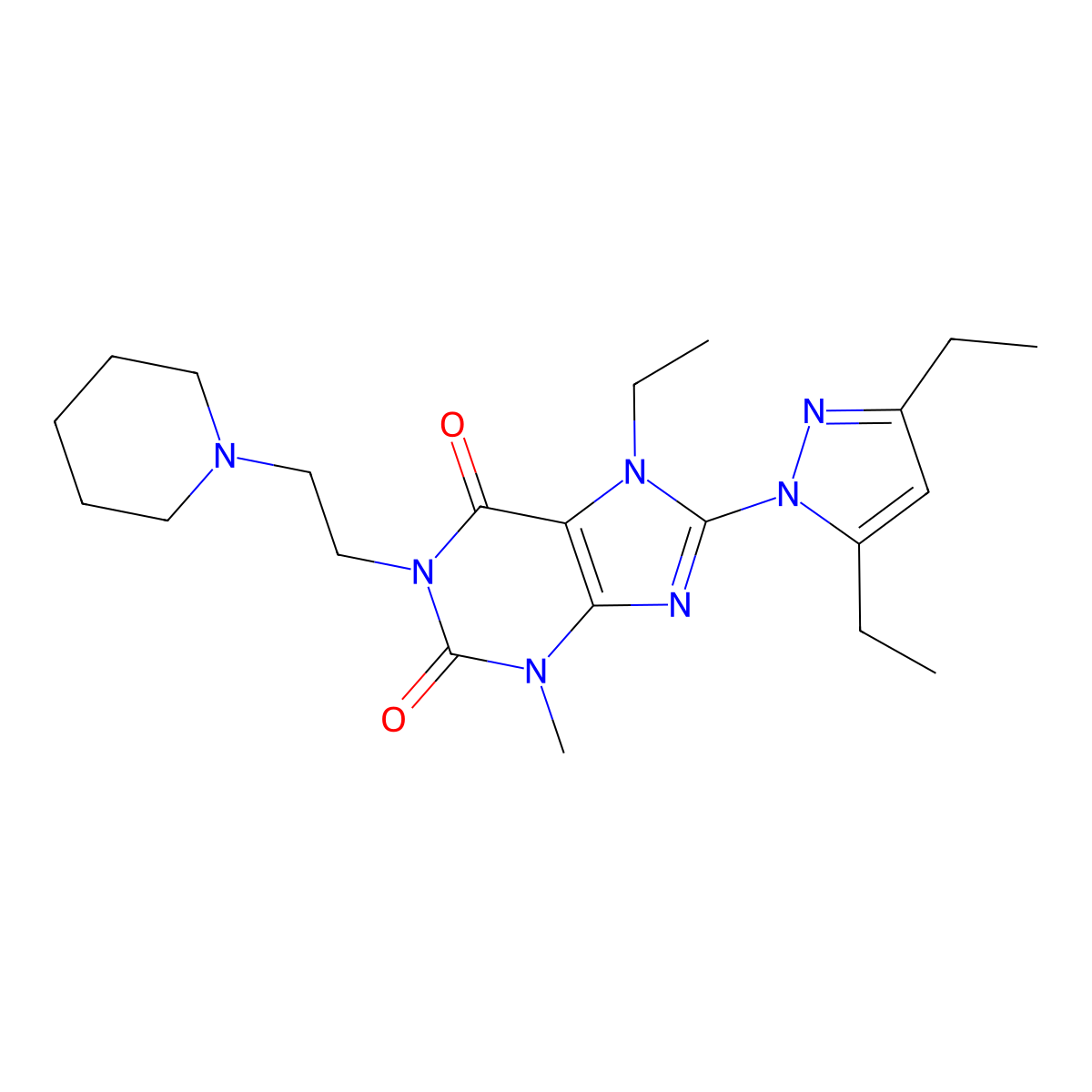 8-(3,5-diethyl-1H-pyrazol-1-yl)-7-ethyl-3-methyl-1-[2-(piperidin-1-yl)ethyl]-2,3,6,7-tetrahydro-1H-purine-2,6-dione molecular structure, CAS 1013768-29-0
