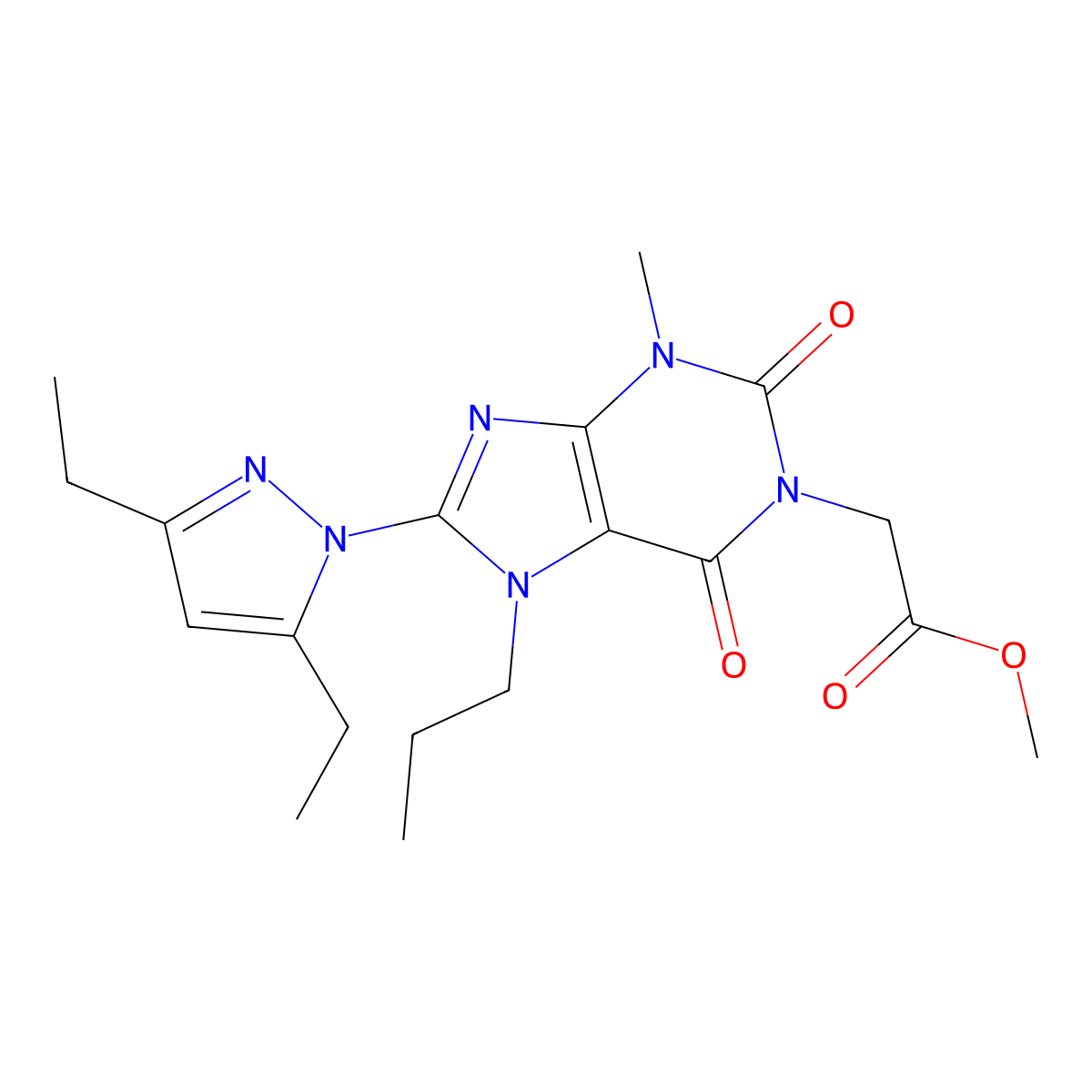 methyl 2-(8-(3,5-diethyl-1H-pyrazol-1-yl)-3-methyl-2,6-dioxo-7-propyl-2,3,6,7-tetrahydro-1H-purin-1-yl)acetate molecular structure, CAS 1013768-63-2