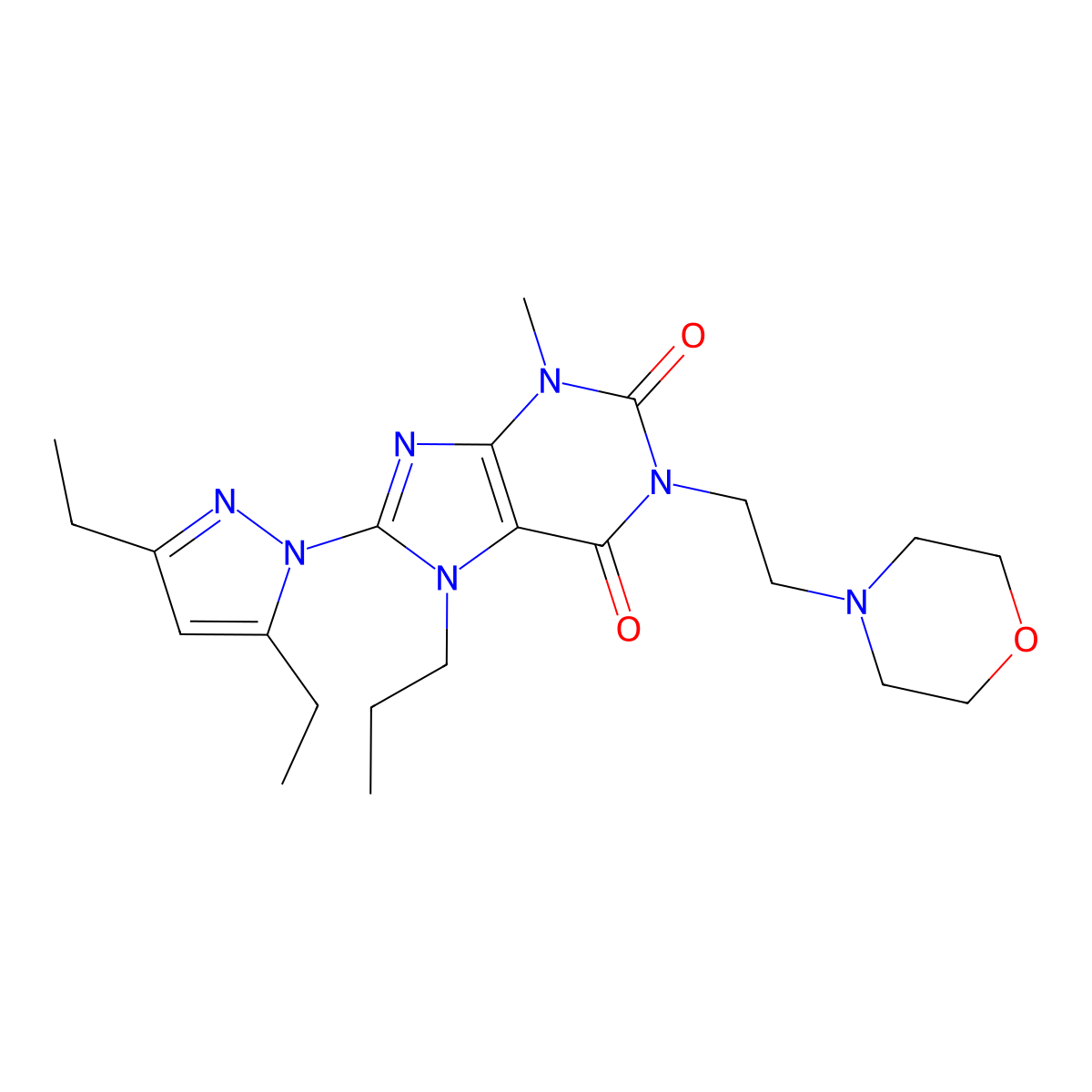 8-(3,5-diethyl-1H-pyrazol-1-yl)-3-methyl-1-(2-morpholinoethyl)-7-propyl-1H-purine-2,6(3H,7H)-dione molecular structure, CAS 1013768-67-6