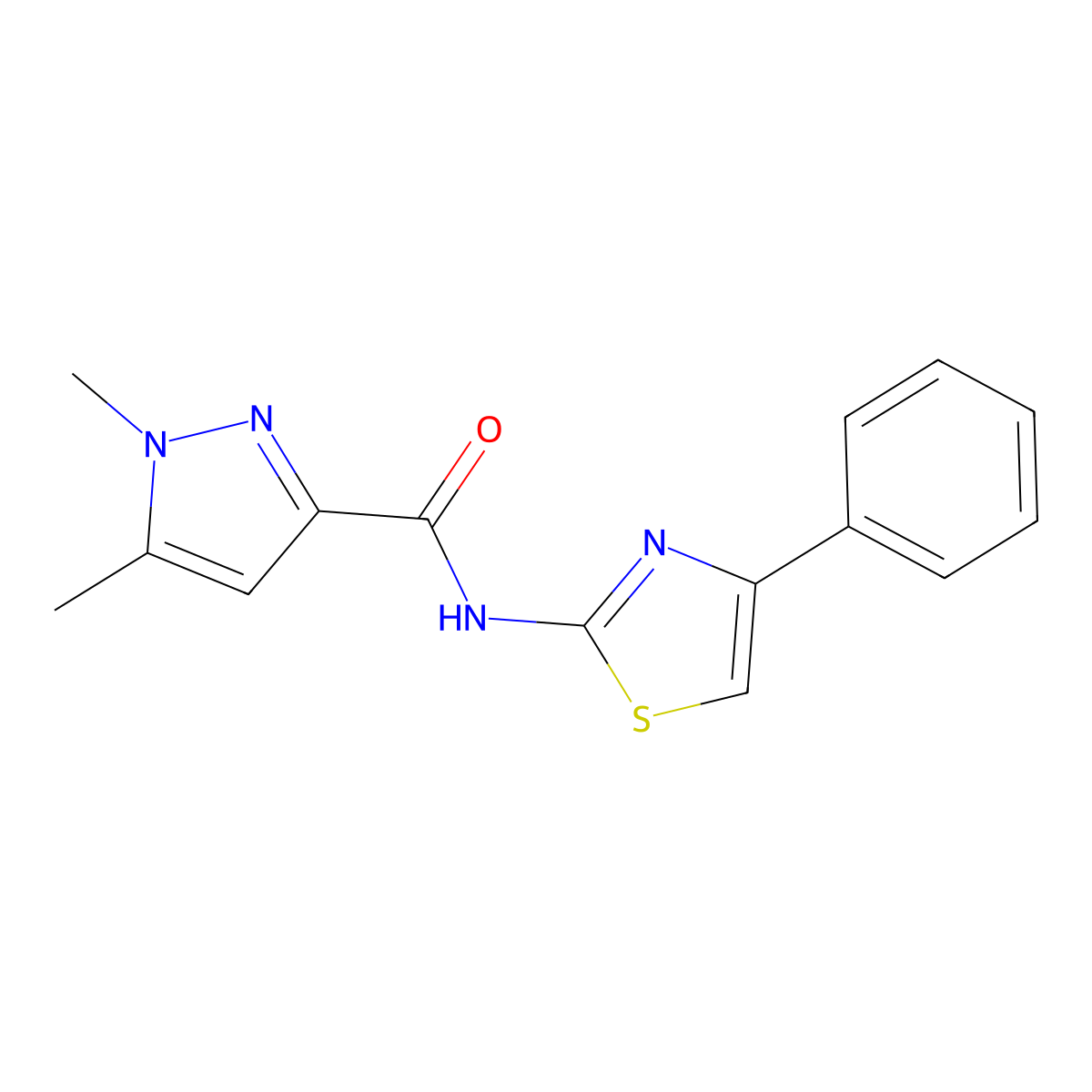 1,5-dimethyl-N-(4-phenylthiazol-2-yl)-1H-pyrazole-3-carboxamide molecular structure, CAS 1013769-05-5