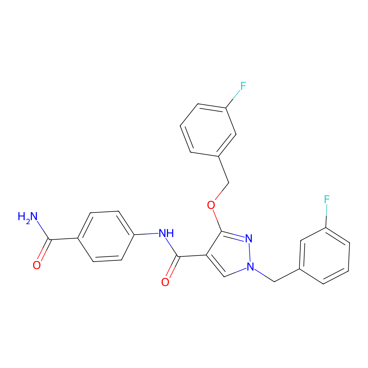 N-(4-carbamoylphenyl)-1-(3-fluorobenzyl)-3-((3-fluorobenzyl)oxy)-1H-pyrazole-4-carboxamide molecular structure, CAS 1013769-06-6