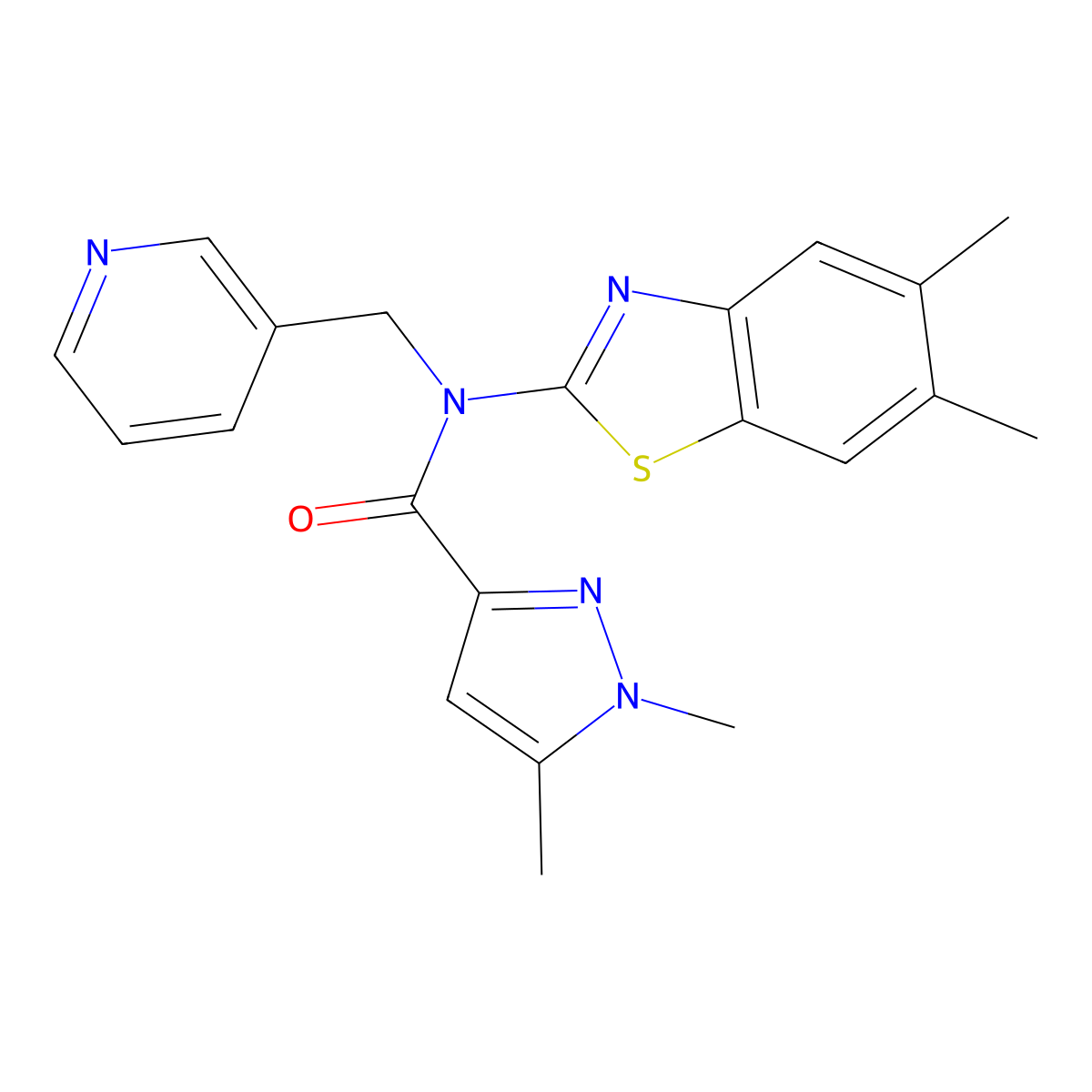 N-(5,6-dimethylbenzo[d]thiazol-2-yl)-1,5-dimethyl-N-(pyridin-3-ylmethyl)-1H-pyrazole-3-carboxamide molecular structure, CAS 1013769-09-9