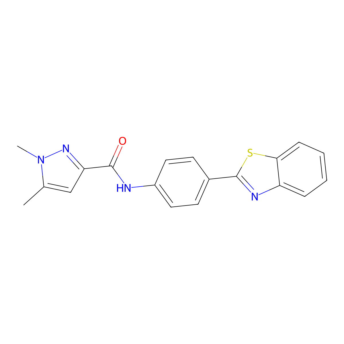 N-(4-(benzo[d]thiazol-2-yl)phenyl)-1,5-dimethyl-1H-pyrazole-3-carboxamide molecular structure, CAS 1013769-24-8