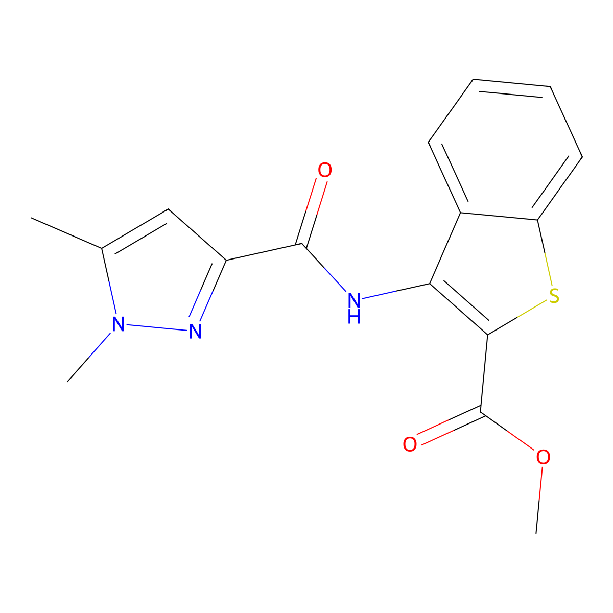 methyl 3-(1,5-dimethyl-1H-pyrazole-3-carboxamido)benzo[b]thiophene-2-carboxylate molecular structure, CAS 1013769-33-9