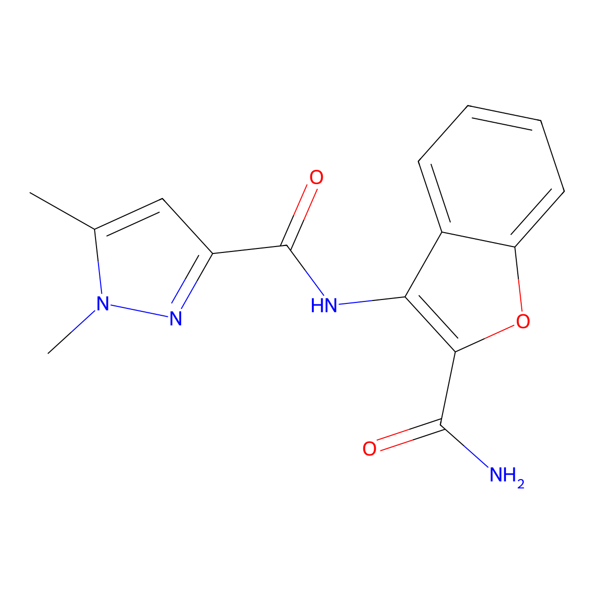 N-(2-carbamoylbenzofuran-3-yl)-1,5-dimethyl-1H-pyrazole-3-carboxamide molecular structure, CAS 1013769-48-6