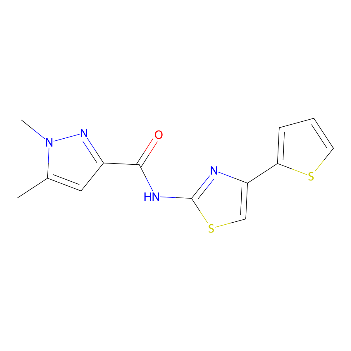 1,5-dimethyl-N-(4-(thiophen-2-yl)thiazol-2-yl)-1H-pyrazole-3-carboxamide molecular structure, CAS 1013769-75-9