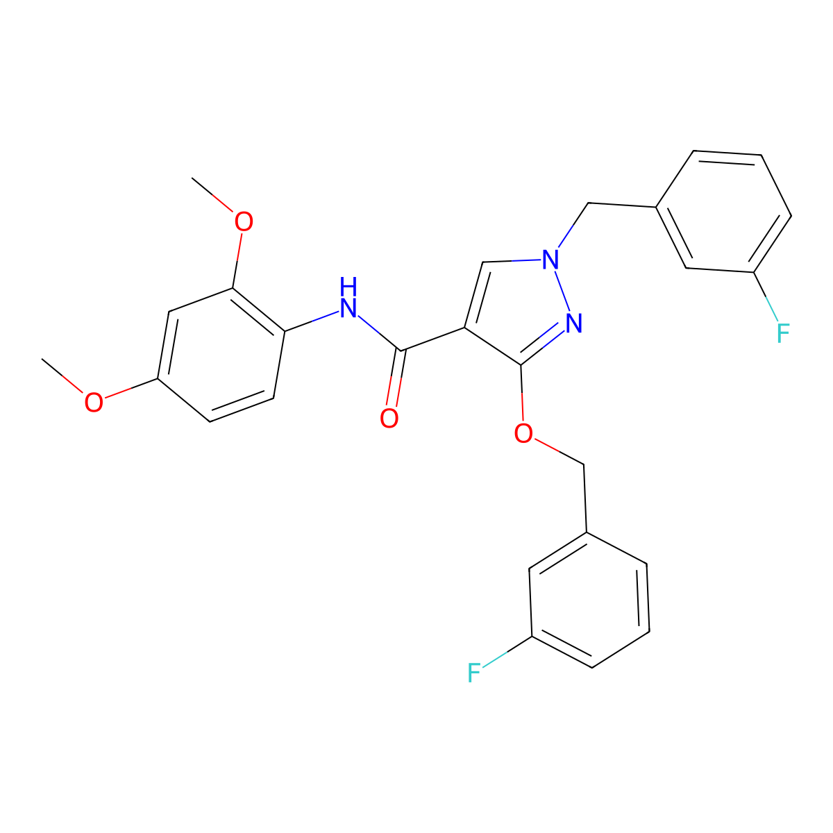 N-(2,4-dimethoxyphenyl)-1-(3-fluorobenzyl)-3-((3-fluorobenzyl)oxy)-1H-pyrazole-4-carboxamide molecular structure, CAS 1013769-76-0