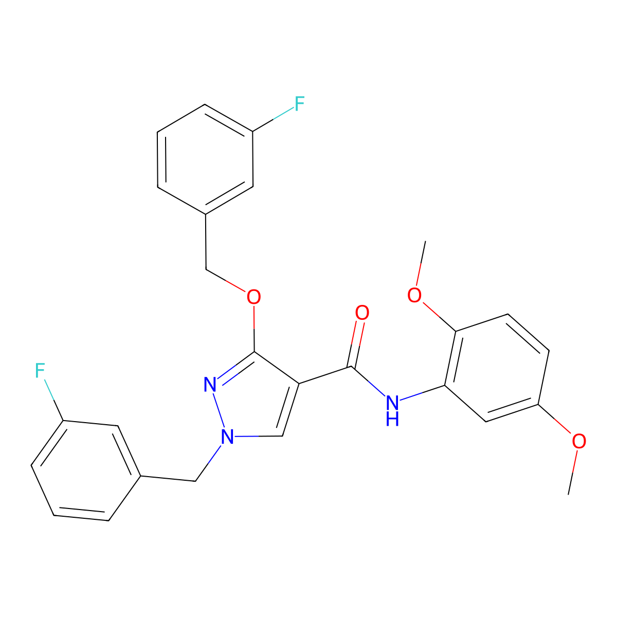 N-(2,5-dimethoxyphenyl)-1-(3-fluorobenzyl)-3-((3-fluorobenzyl)oxy)-1H-pyrazole-4-carboxamide molecular structure, CAS 1013769-94-2