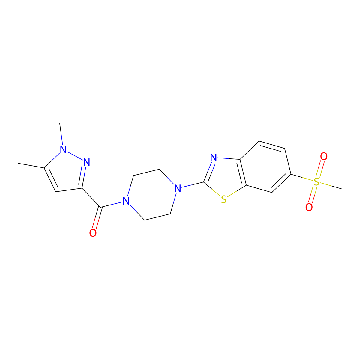 (1,5-dimethyl-1H-pyrazol-3-yl)(4-(6-(methylsulfonyl)benzo[d]thiazol-2-yl)piperazin-1-yl)methanone molecular structure, CAS 1013770-00-7