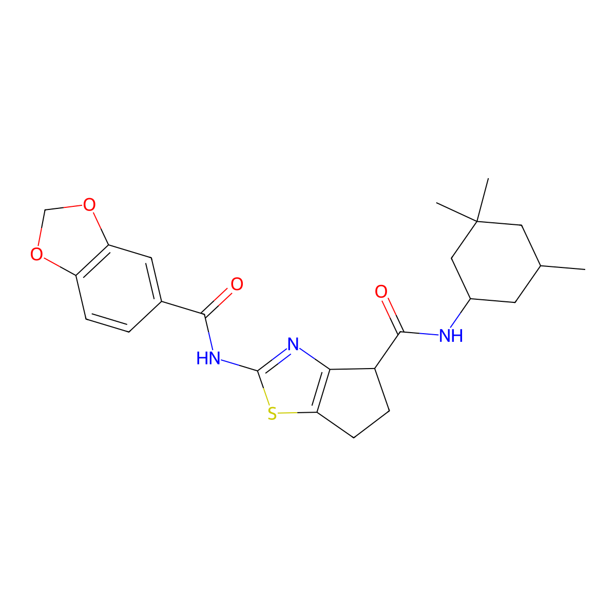 2-(benzo[d][1,3]dioxole-5-carboxamido)-N-(3,3,5-trimethylcyclohexyl)-5,6-dihydro-4H-cyclopenta[d]thiazole-4-carboxamide molecular structure, CAS 1013770-09-6