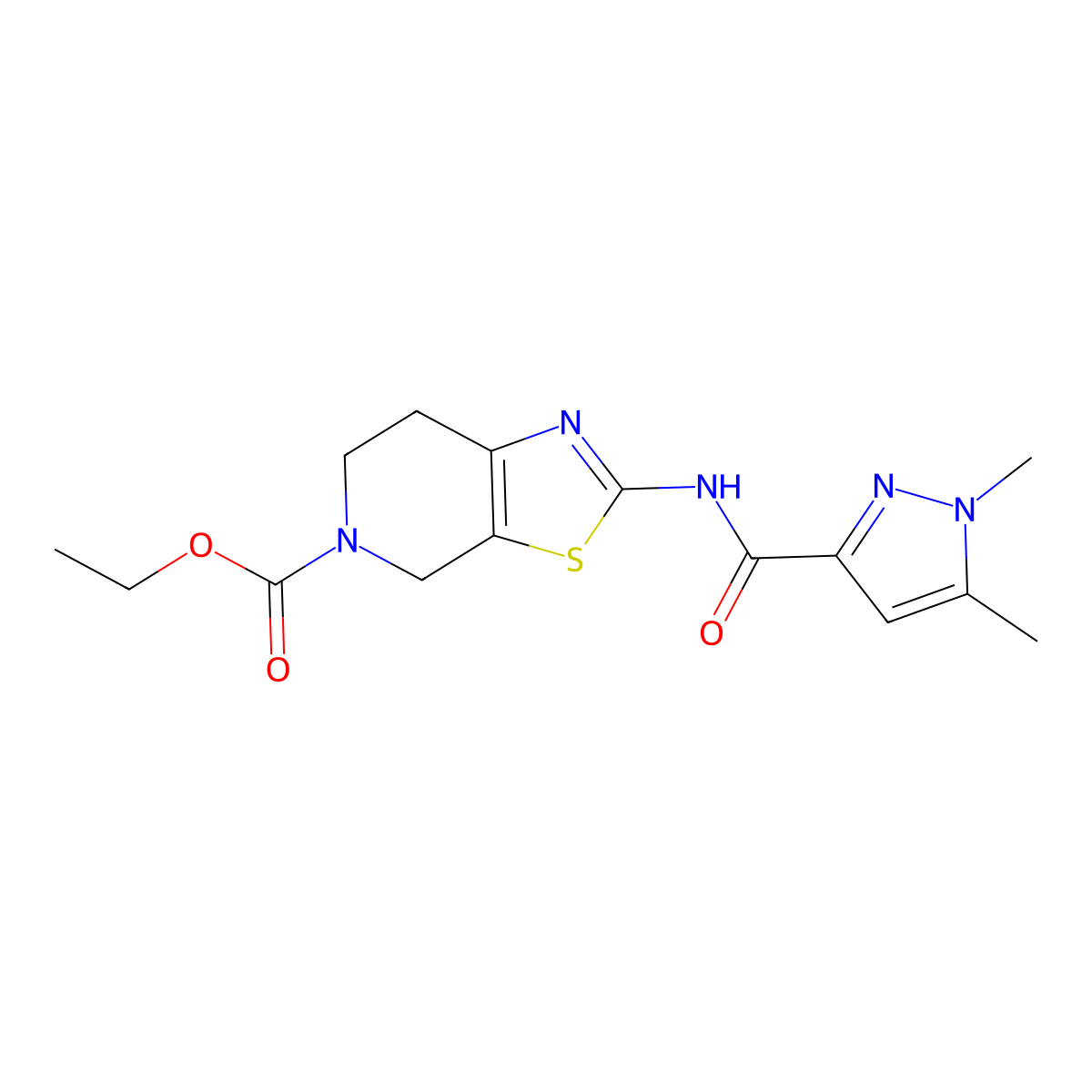 ethyl 2-(1,5-dimethyl-1H-pyrazole-3-carboxamido)-6,7-dihydrothiazolo[5,4-c]pyridine-5(4H)-carboxylate molecular structure, CAS 1013770-37-0