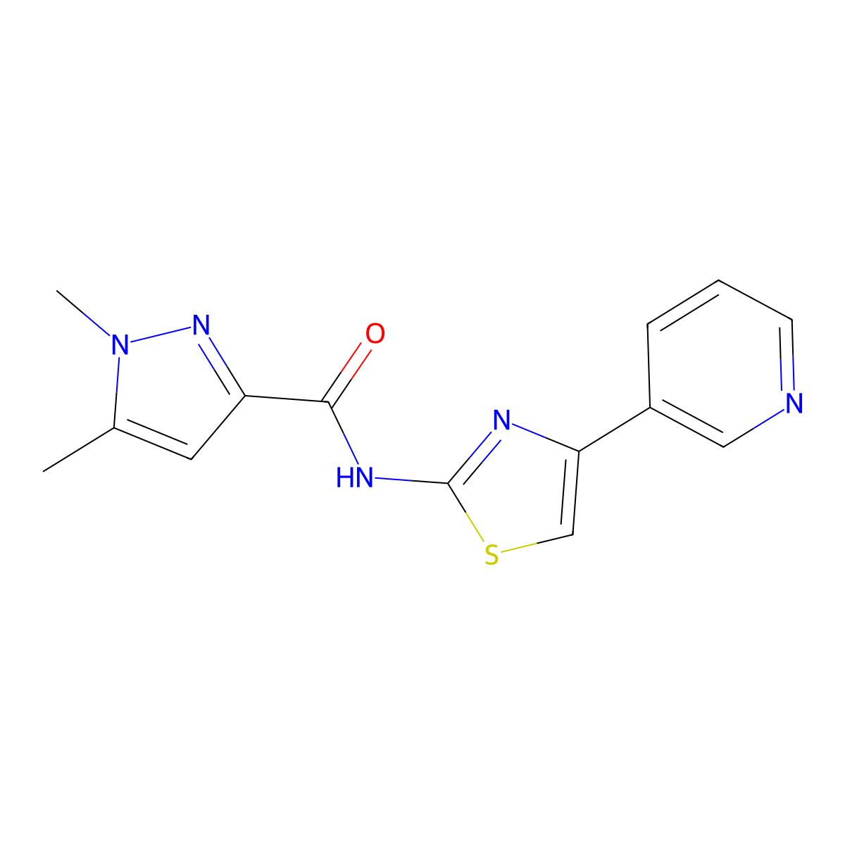 1,5-dimethyl-N-(4-(pyridin-3-yl)thiazol-2-yl)-1H-pyrazole-3-carboxamide molecular structure, CAS 1013770-62-1
