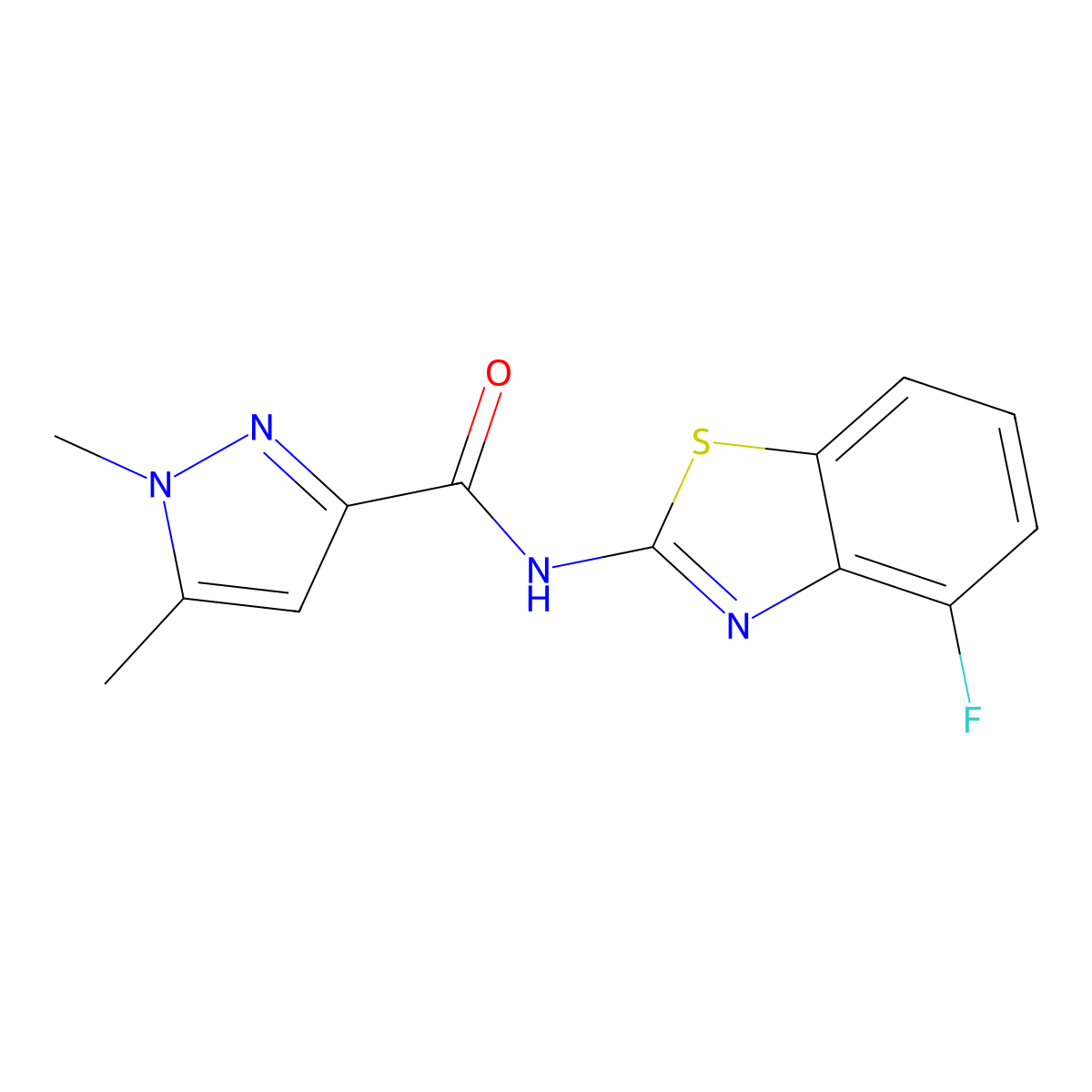 N-(4-fluorobenzo[d]thiazol-2-yl)-1,5-dimethyl-1H-pyrazole-3-carboxamide molecular structure, CAS 1013770-76-7
