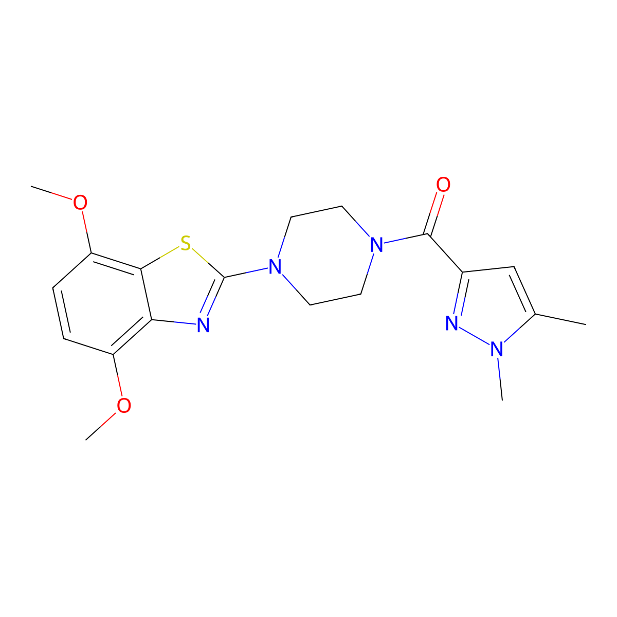 (4-(4,7-dimethoxybenzo[d]thiazol-2-yl)piperazin-1-yl)(1,5-dimethyl-1H-pyrazol-3-yl)methanone molecular structure, CAS 1013771-21-5
