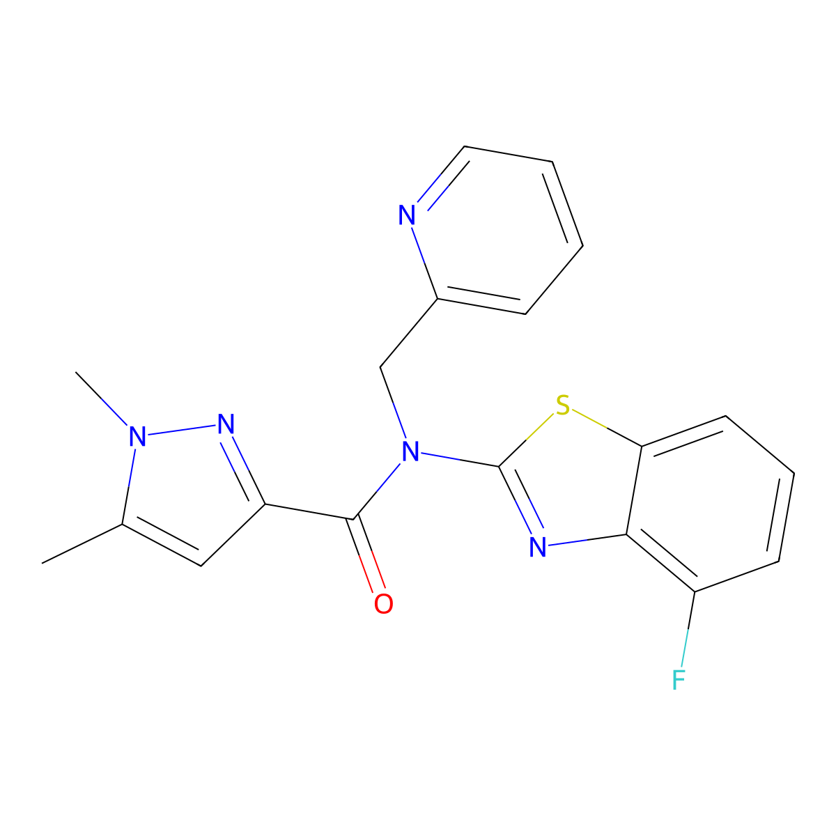 N-(4-fluorobenzo[d]thiazol-2-yl)-1,5-dimethyl-N-(pyridin-2-ylmethyl)-1H-pyrazole-3-carboxamide molecular structure, CAS 1013771-52-2