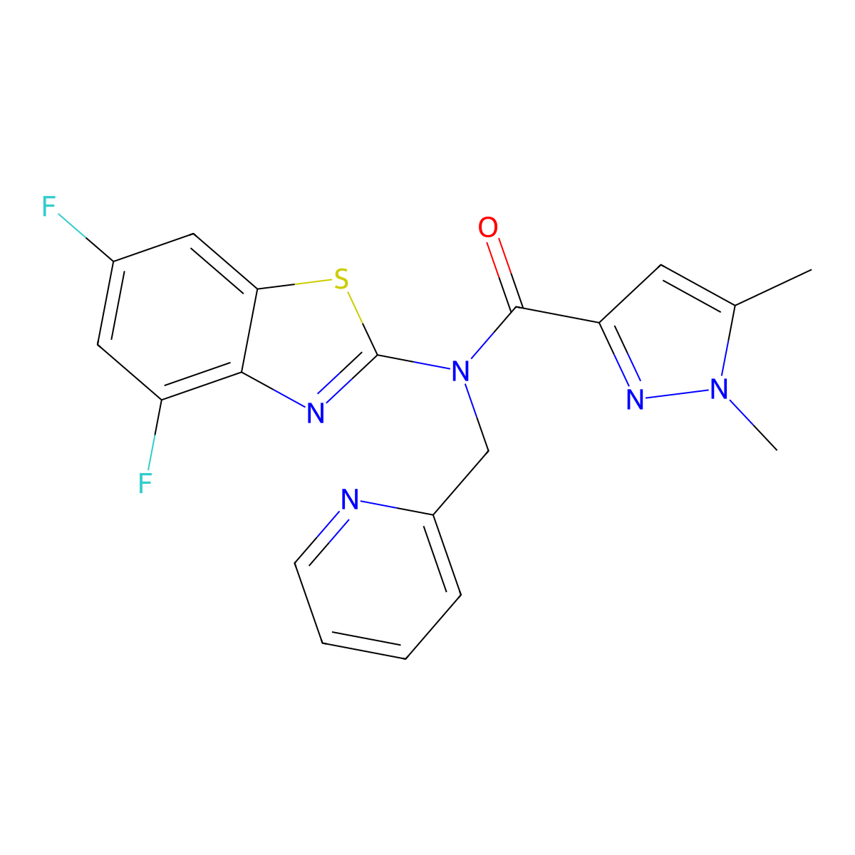 N-(4,6-difluorobenzo[d]thiazol-2-yl)-1,5-dimethyl-N-(pyridin-2-ylmethyl)-1H-pyrazole-3-carboxamide molecular structure, CAS 1013771-64-6