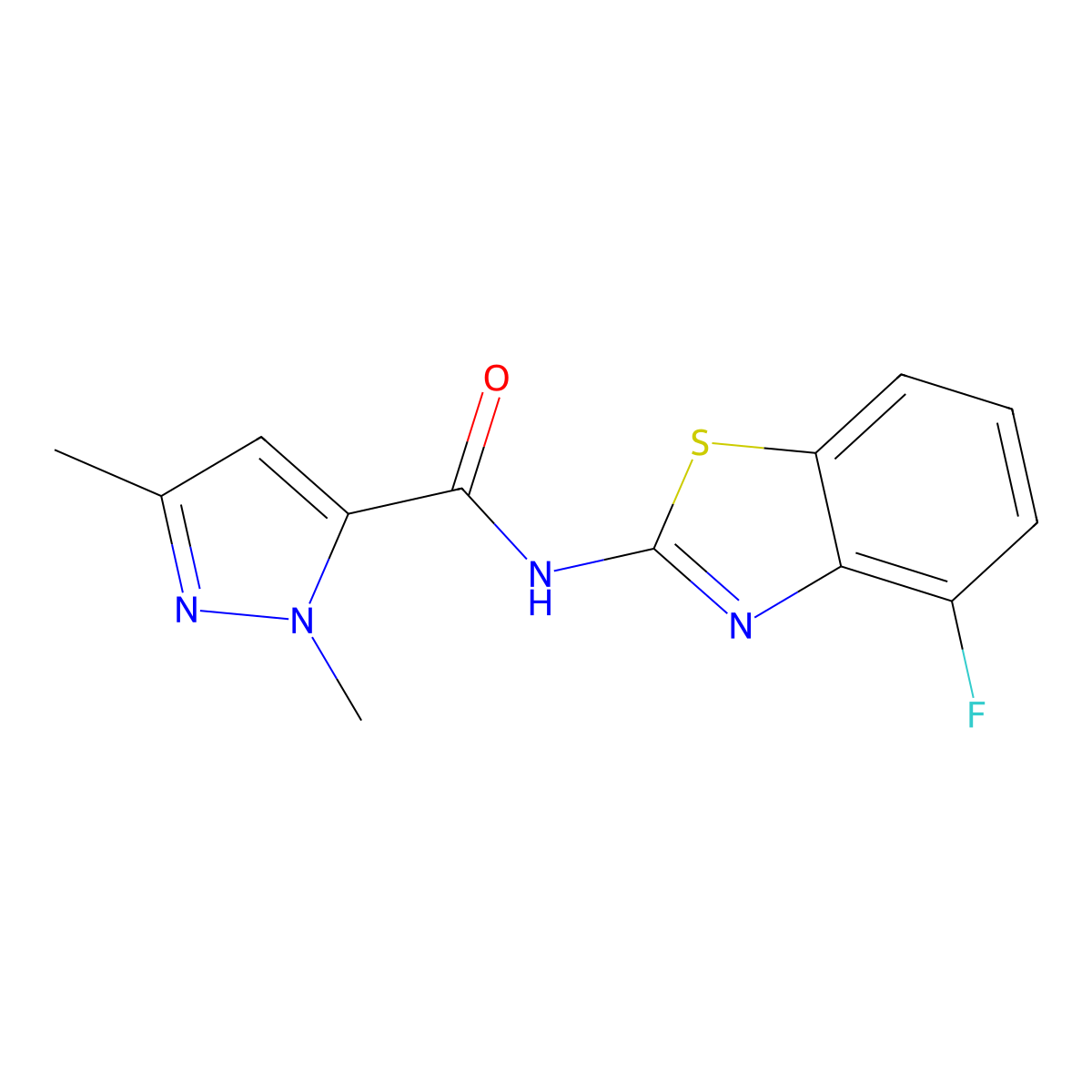 N-(4-fluorobenzo[d]thiazol-2-yl)-1,3-dimethyl-1H-pyrazole-5-carboxamide molecular structure, CAS 1013771-68-0