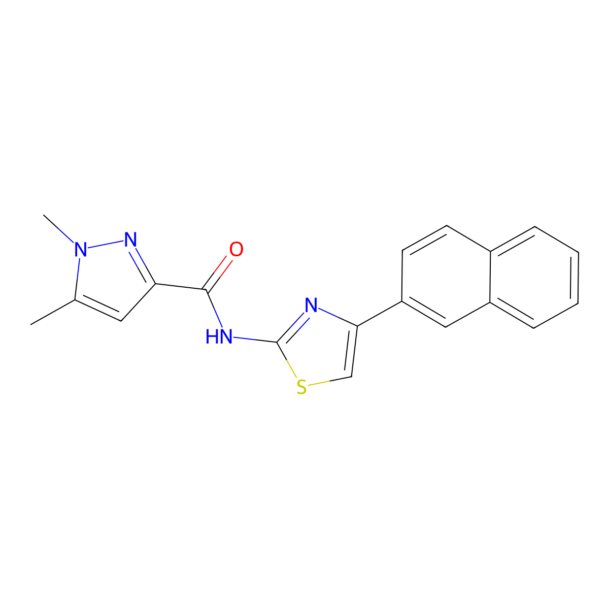 1,5-dimethyl-N-(4-(naphthalen-2-yl)thiazol-2-yl)-1H-pyrazole-3-carboxamide molecular structure, CAS 1013772-05-8