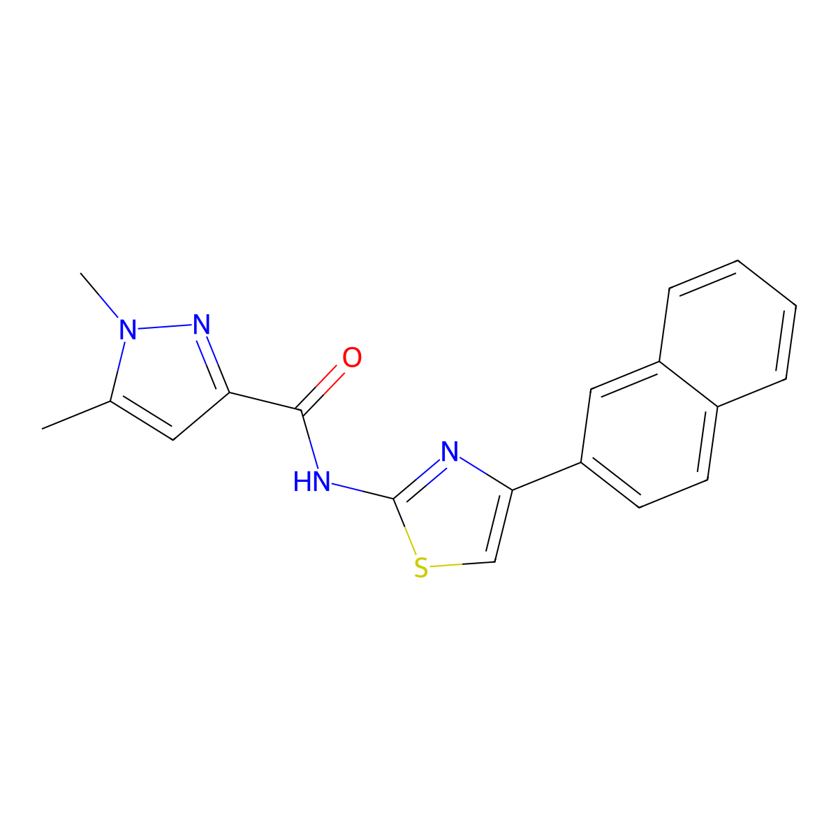 1,5-dimethyl-N-(4-(naphthalen-2-yl)thiazol-2-yl)-1H-pyrazole-3-carboxamide molecular structure, CAS 1013772-05-8