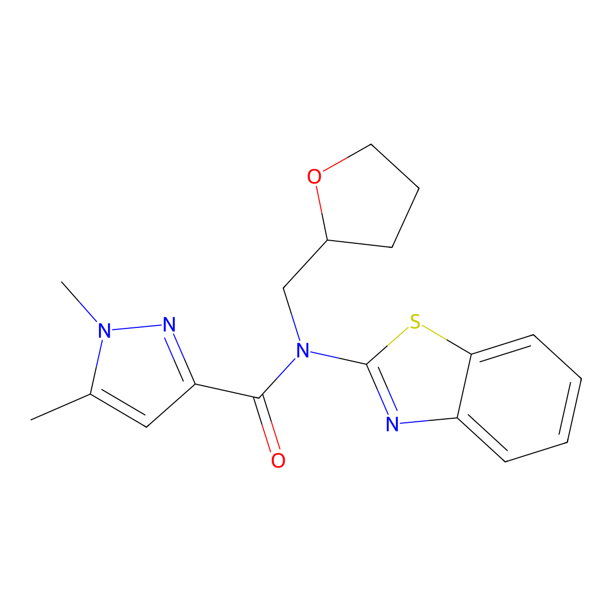 N-(benzo[d]thiazol-2-yl)-1,5-dimethyl-N-((tetrahydrofuran-2-yl)methyl)-1H-pyrazole-3-carboxamide molecular structure, CAS 1013772-29-6