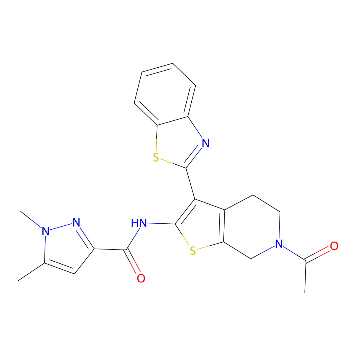 N-(6-acetyl-3-(benzo[d]thiazol-2-yl)-4,5,6,7-tetrahydrothieno[2,3-c]pyridin-2-yl)-1,5-dimethyl-1H-pyrazole-3-carboxamide molecular structure, CAS 1013772-50-3