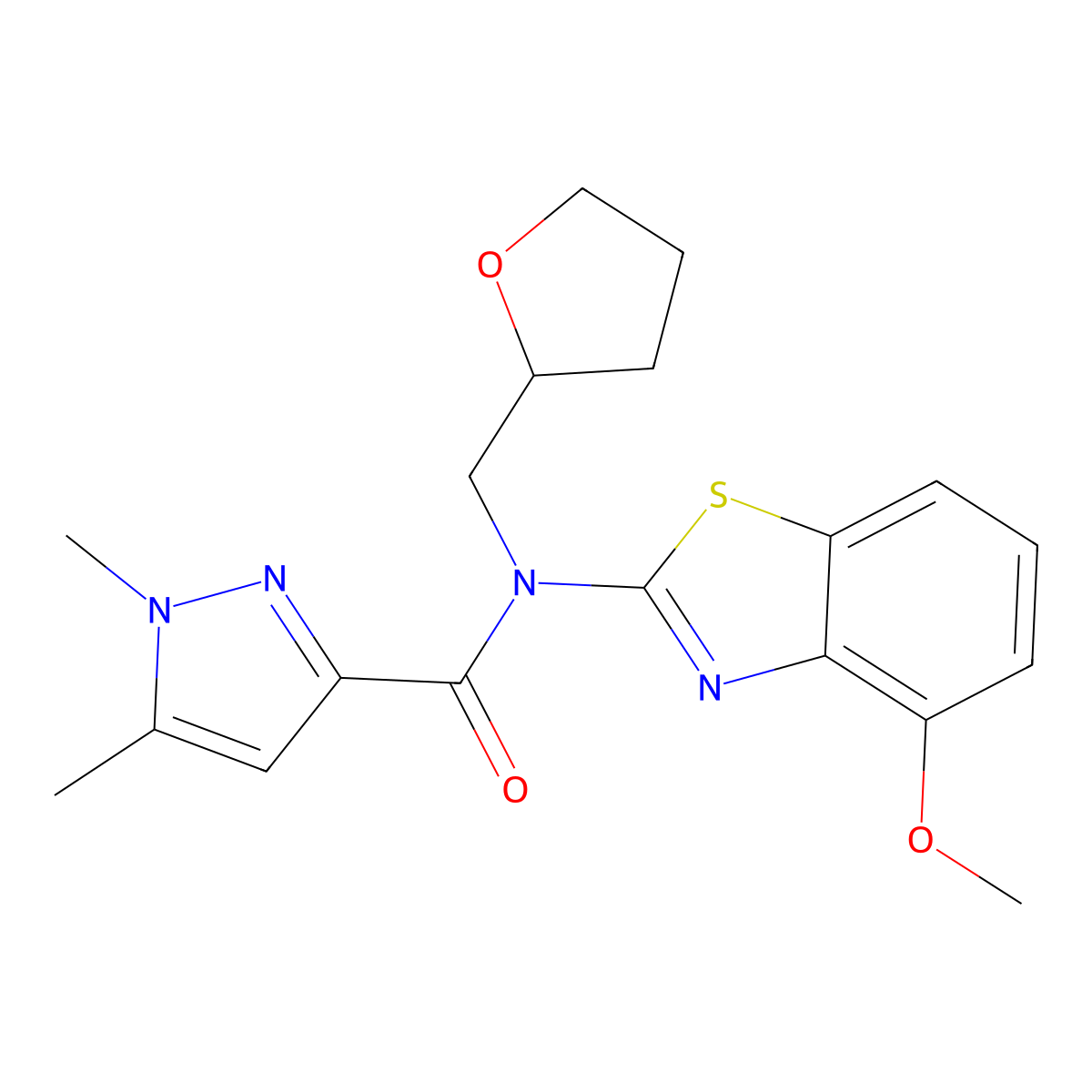 N-(4-methoxybenzo[d]thiazol-2-yl)-1,5-dimethyl-N-((tetrahydrofuran-2-yl)methyl)-1H-pyrazole-3-carboxamide molecular structure, CAS 1013772-69-4