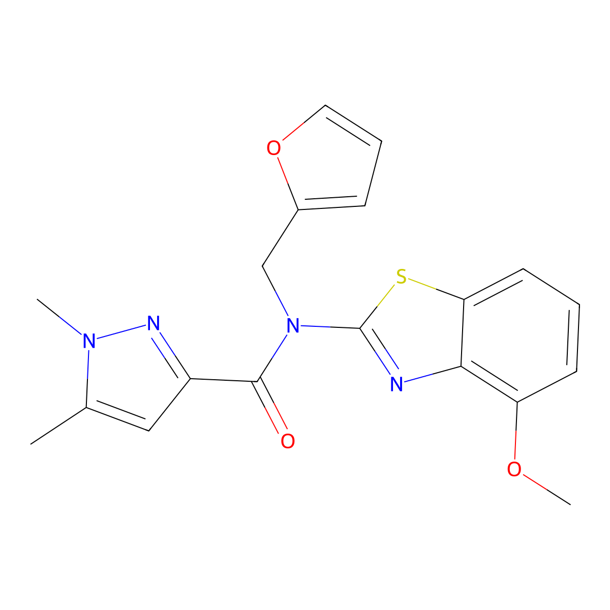 N-(furan-2-ylmethyl)-N-(4-methoxybenzo[d]thiazol-2-yl)-1,5-dimethyl-1H-pyrazole-3-carboxamide molecular structure, CAS 1013772-81-0