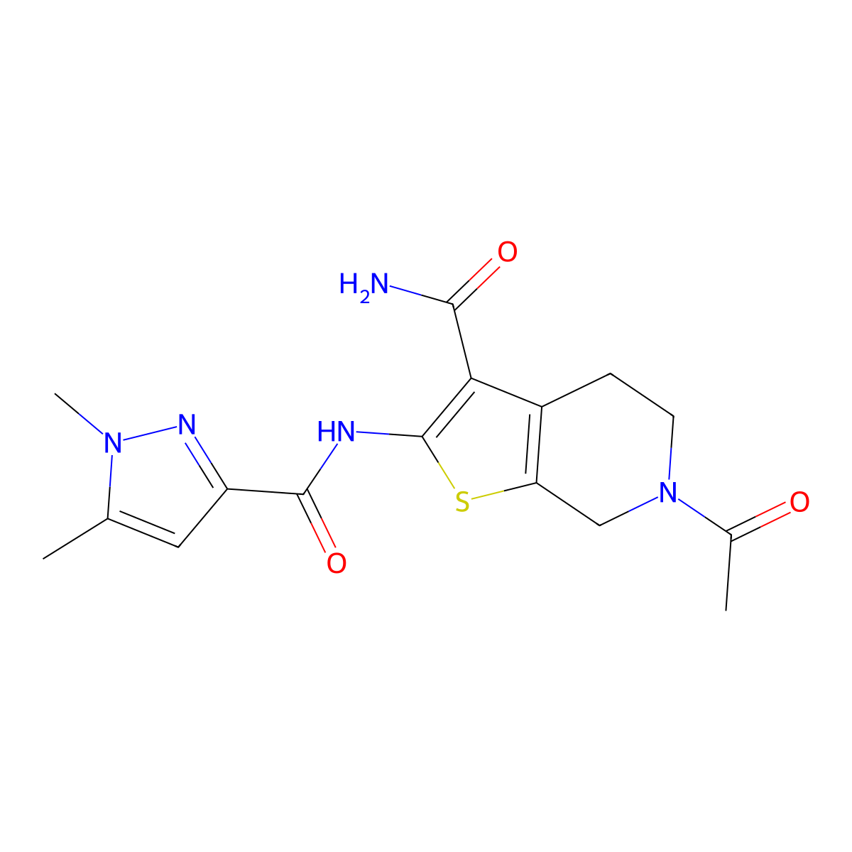 6-acetyl-2-(1,5-dimethyl-1H-pyrazole-3-carboxamido)-4,5,6,7-tetrahydrothieno[2,3-c]pyridine-3-carboxamide molecular structure, CAS 1013772-89-8
