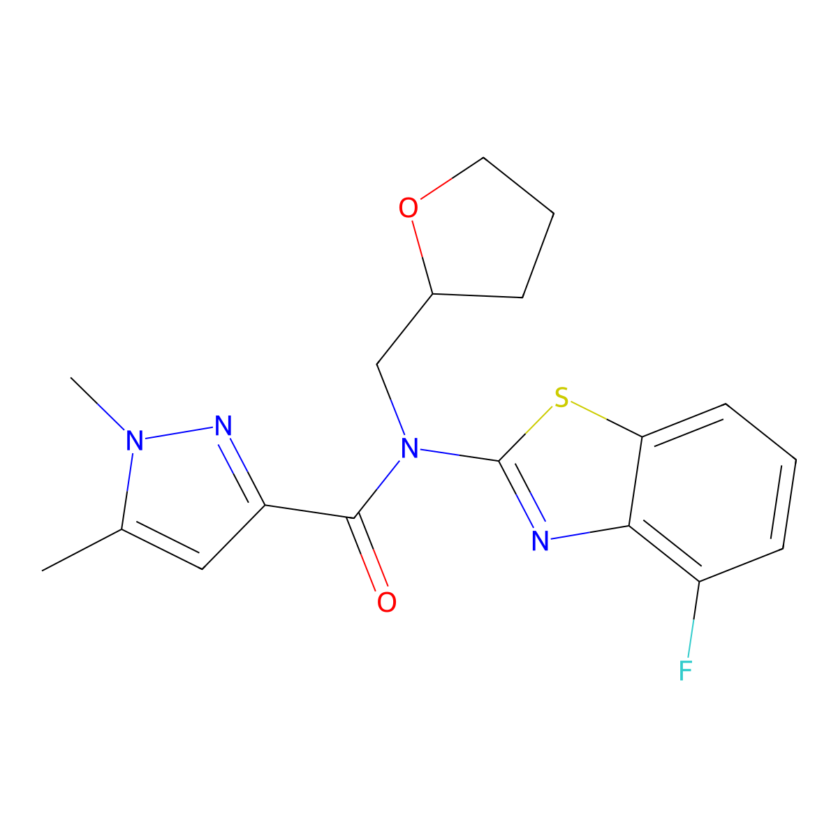 N-(4-fluoro-1,3-benzothiazol-2-yl)-1,5-dimethyl-N-(oxolan-2-ylmethyl)pyrazole-3-carboxamide molecular structure, CAS 1013773-13-1