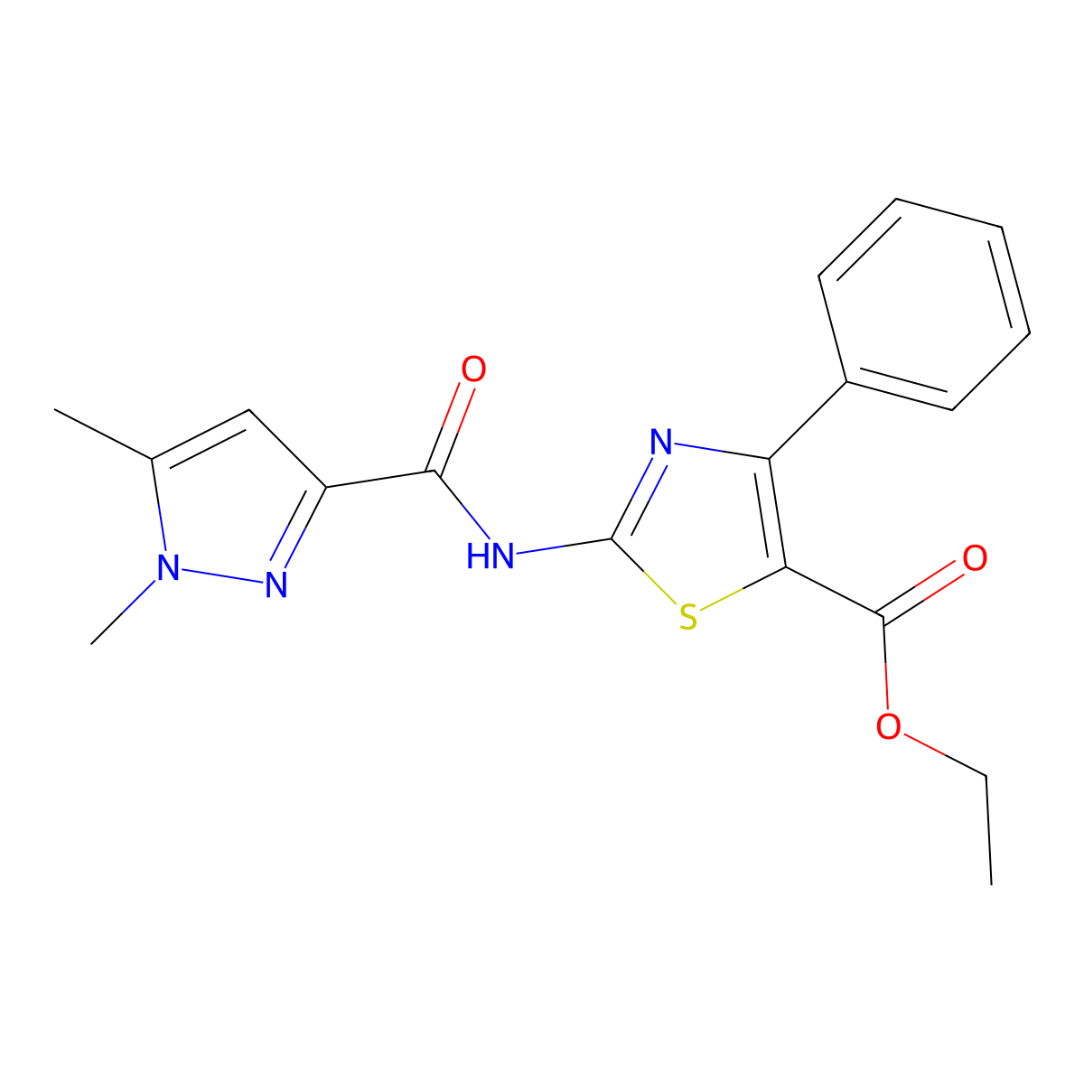 ethyl 2-(1,5-dimethyl-1H-pyrazole-3-carboxamido)-4-phenylthiazole-5-carboxylate molecular structure, CAS 1013773-15-3