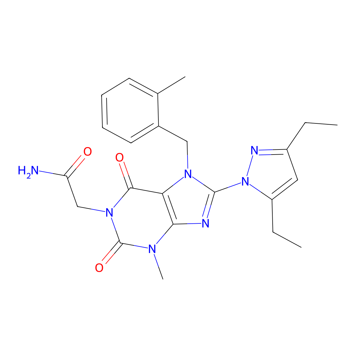 2-(8-(3,5-diethyl-1H-pyrazol-1-yl)-3-methyl-7-(2-methylbenzyl)-2,6-dioxo-2,3,6,7-tetrahydro-1H-purin-1-yl)acetamide molecular structure, CAS 1013773-29-9
