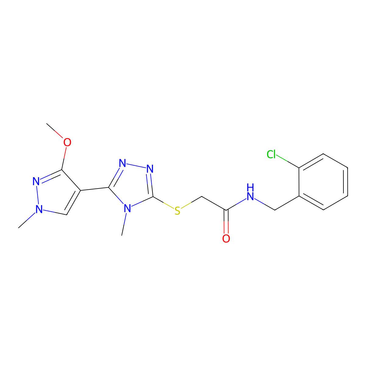 N-(2-chlorobenzyl)-2-((5-(3-methoxy-1-methyl-1H-pyrazol-4-yl)-4-methyl-4H-1,2,4-triazol-3-yl)thio)acetamide molecular structure, CAS 1013773-62-0