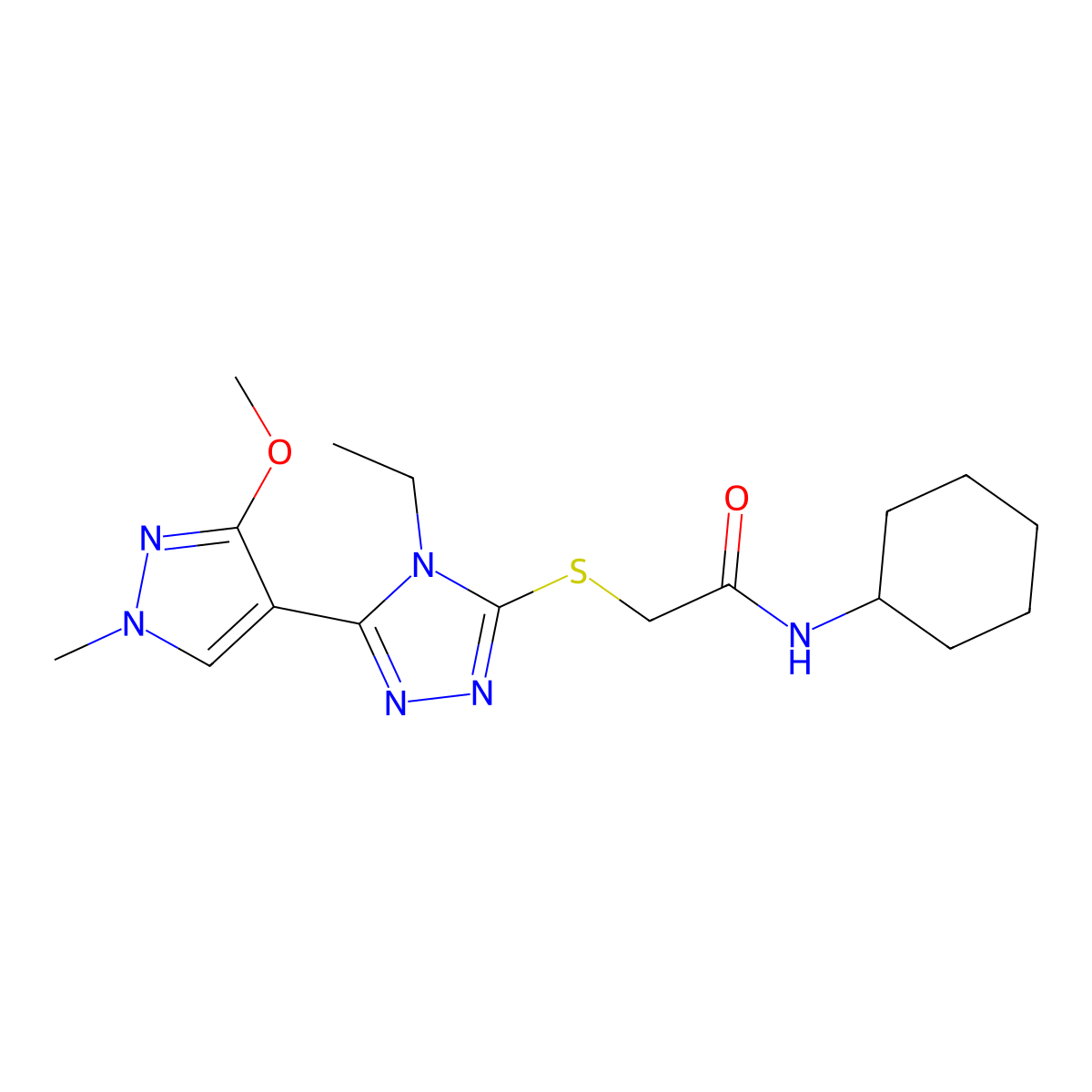 N-cyclohexyl-2-((4-ethyl-5-(3-methoxy-1-methyl-1H-pyrazol-4-yl)-4H-1,2,4-triazol-3-yl)thio)acetamide molecular structure, CAS 1013774-06-5