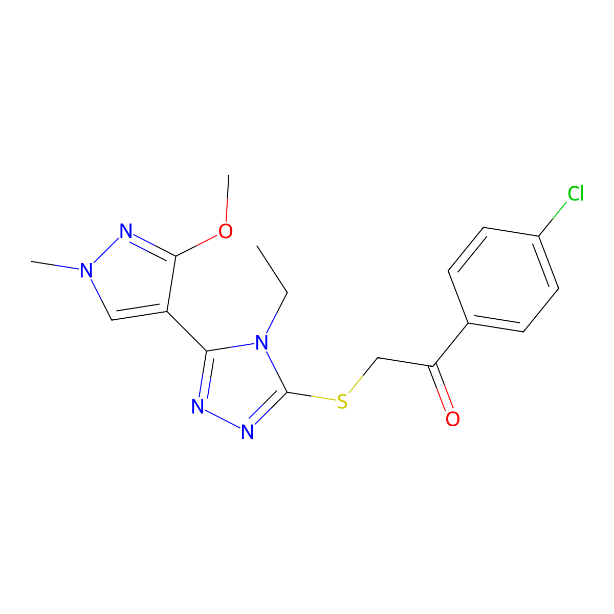 1-(4-chlorophenyl)-2-((4-ethyl-5-(3-methoxy-1-methyl-1H-pyrazol-4-yl)-4H-1,2,4-triazol-3-yl)thio)ethanone molecular structure, CAS 1013774-28-1