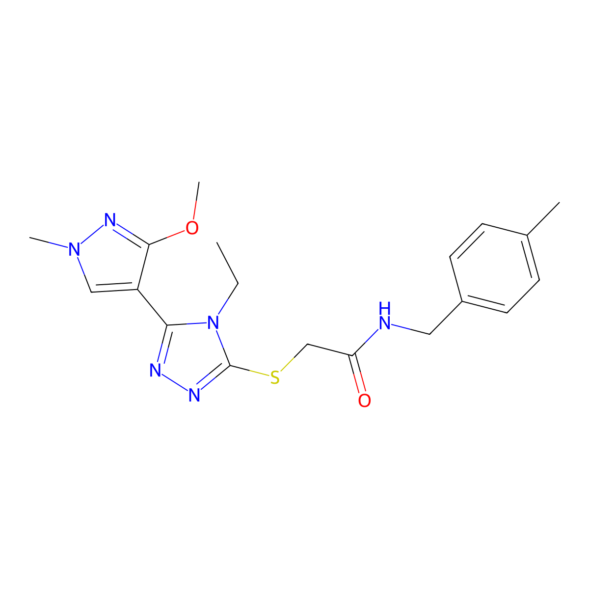 2-((4-ethyl-5-(3-methoxy-1-methyl-1H-pyrazol-4-yl)-4H-1,2,4-triazol-3-yl)thio)-N-(4-methylbenzyl)acetamide molecular structure, CAS 1013774-30-5